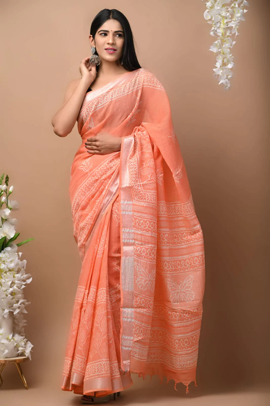 Hand Block Printed Linen Saree