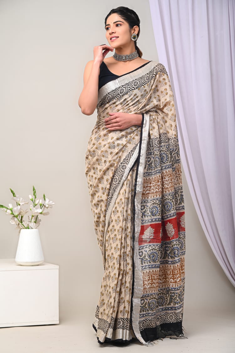 Hand Block Printed Linen Saree