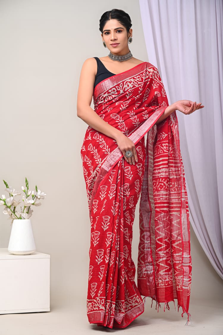 Hand Block Printed Linen Saree