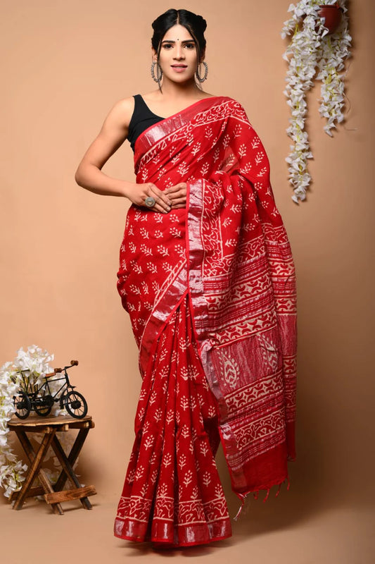 Hand Block Printed Linen Saree