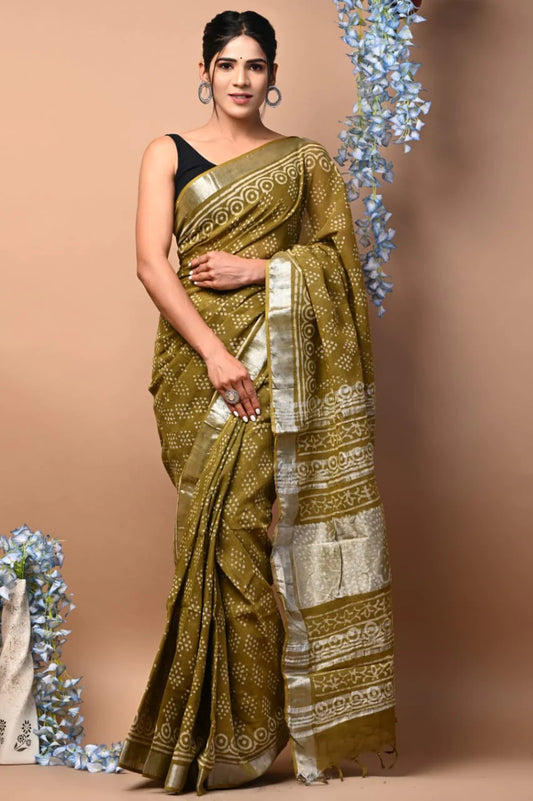 Hand Block Printed Linen Saree