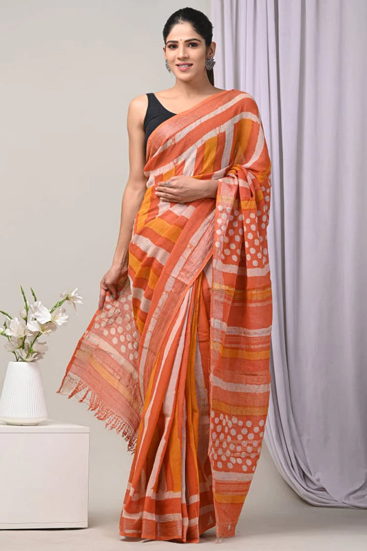 Hand Block Printed Linen Saree