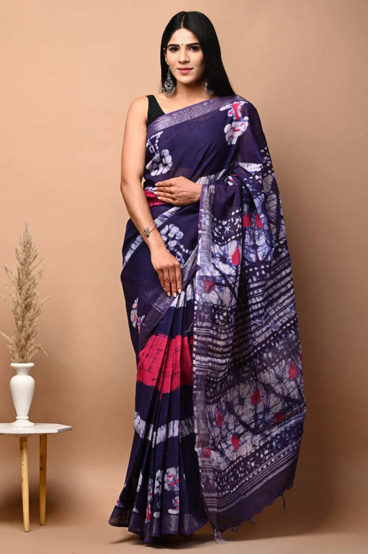 Hand Block Printed Linen Saree