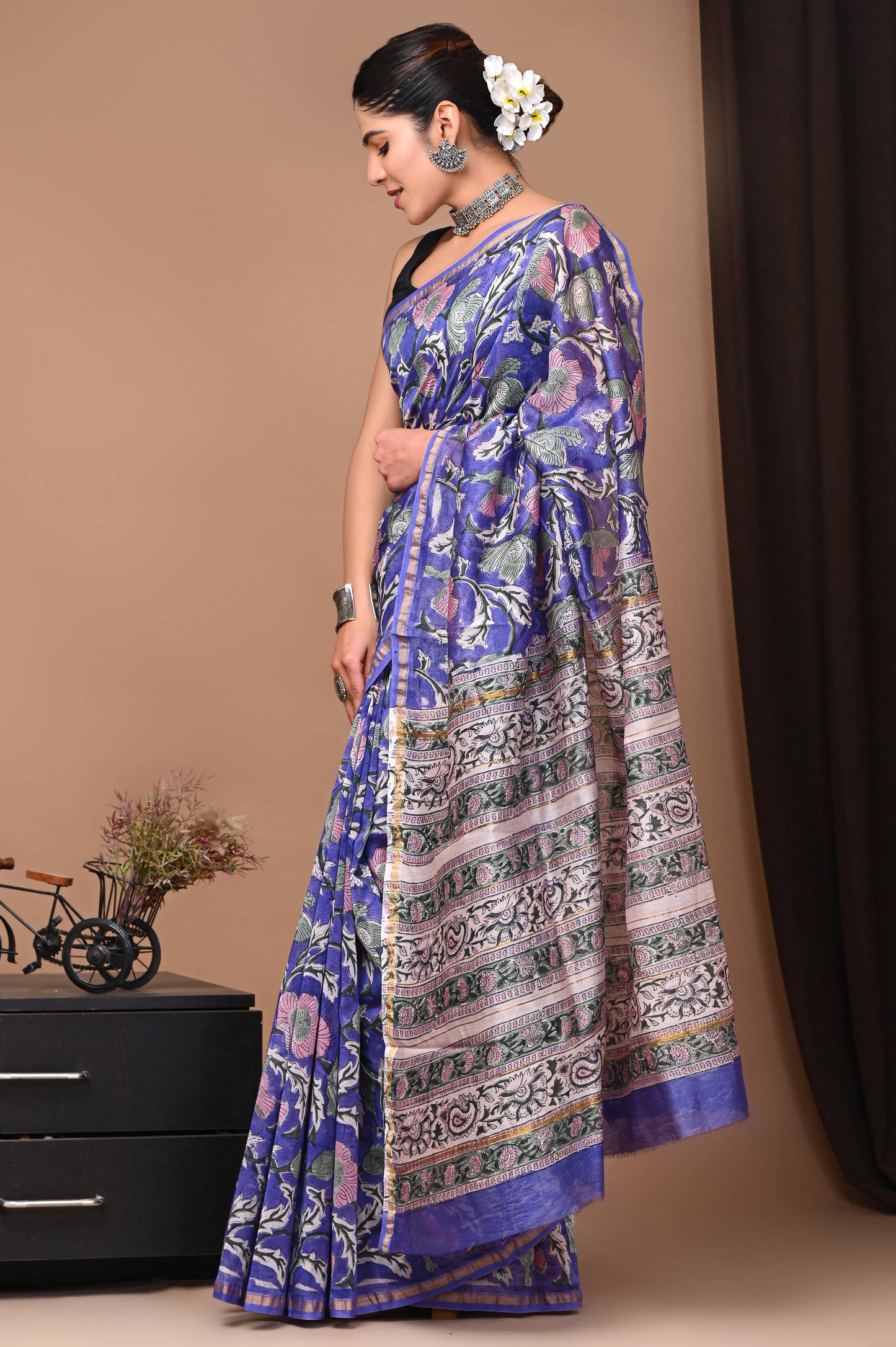 Premium Hand Block Printed Chanderi Silk Saree