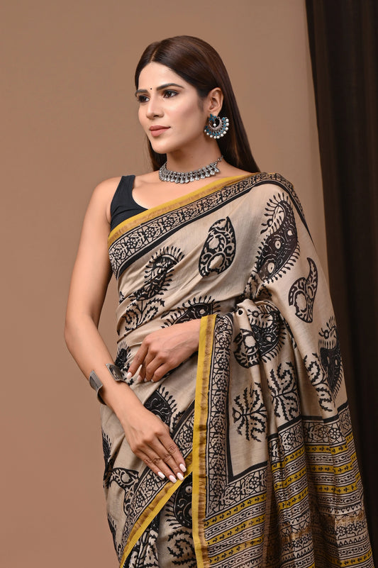 Premium Hand Block Printed Chanderi Silk Saree