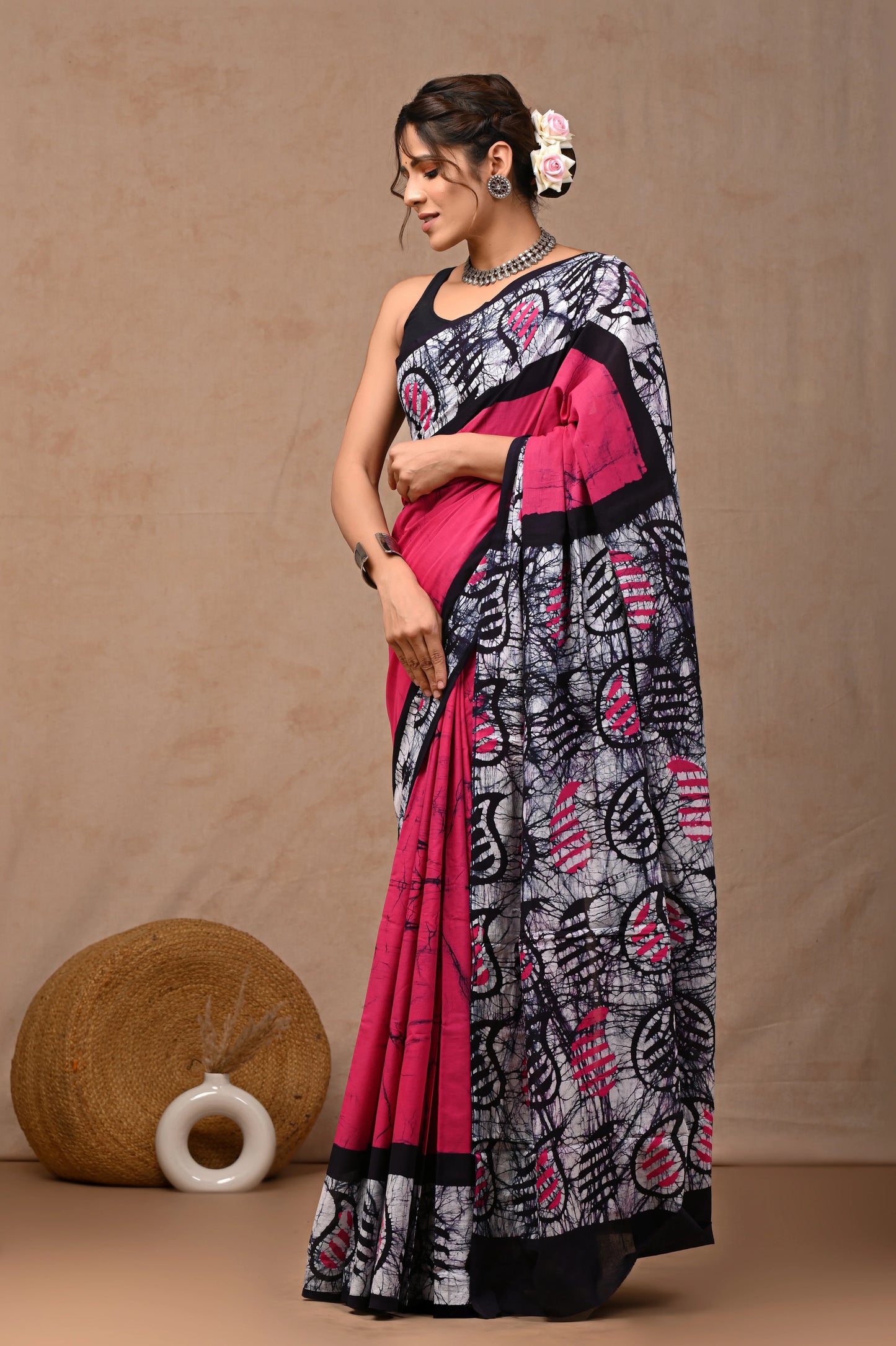 Batik Print Pure Cotton Mulmul Saree With Blouse