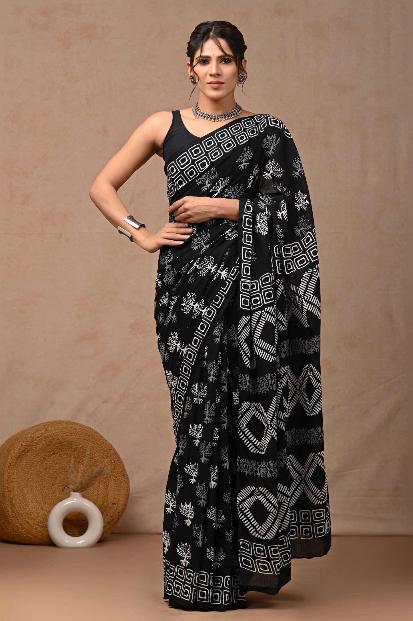 Black & White Block Printed Pure Cotton Mulmul Saree