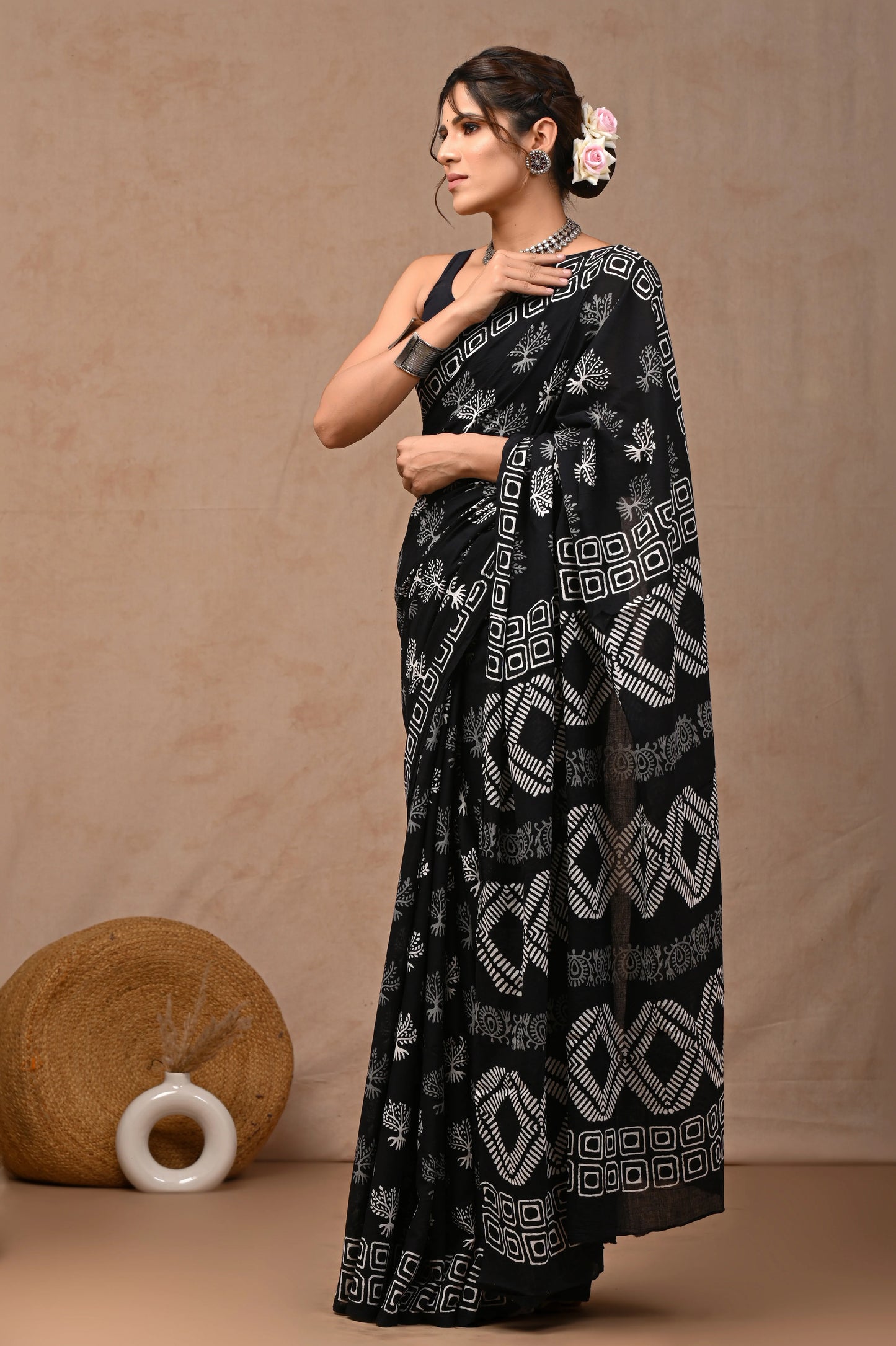 Black & White Block Printed Pure Cotton Mulmul Saree