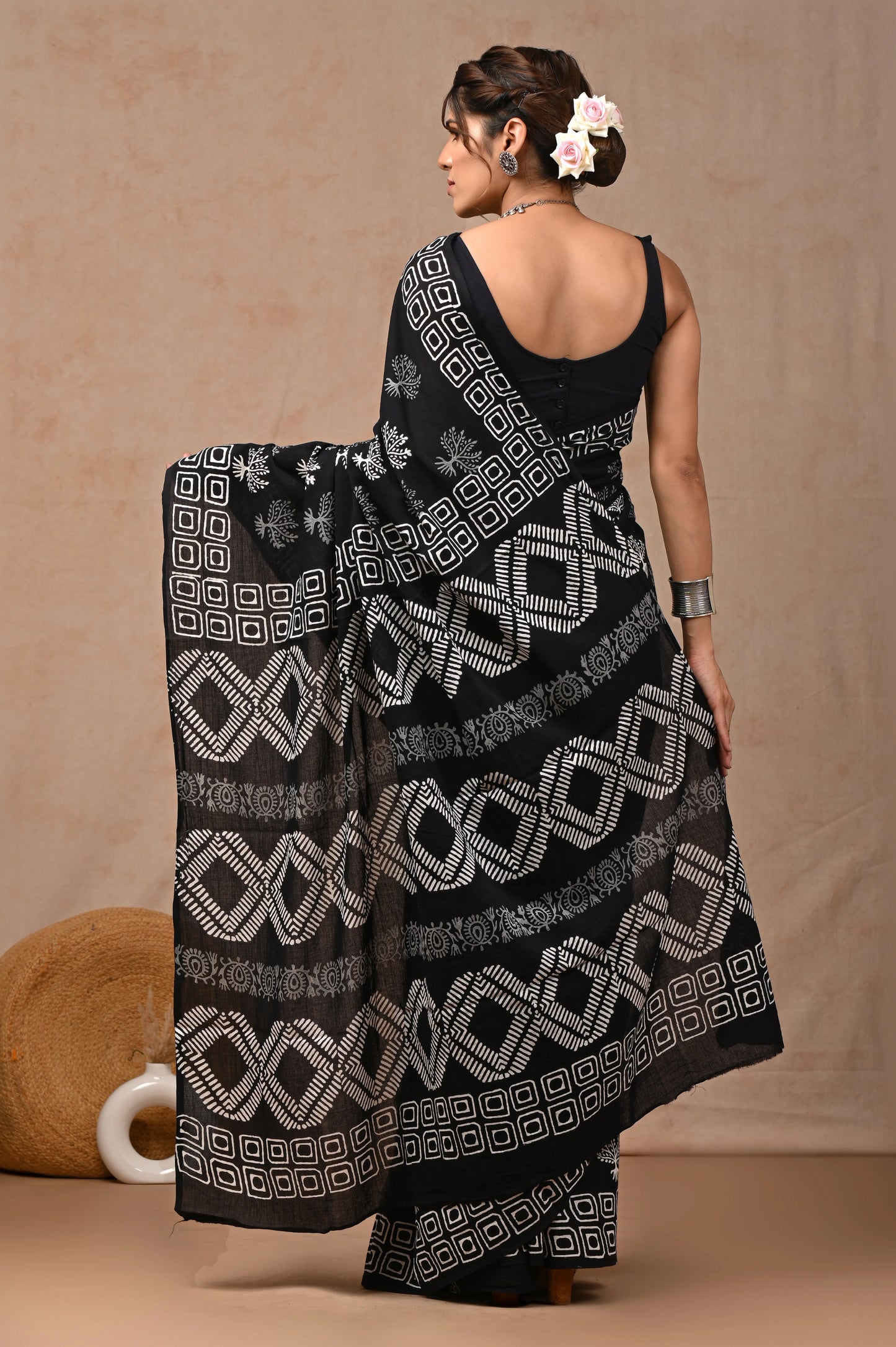 Black & White Block Printed Pure Cotton Mulmul Saree