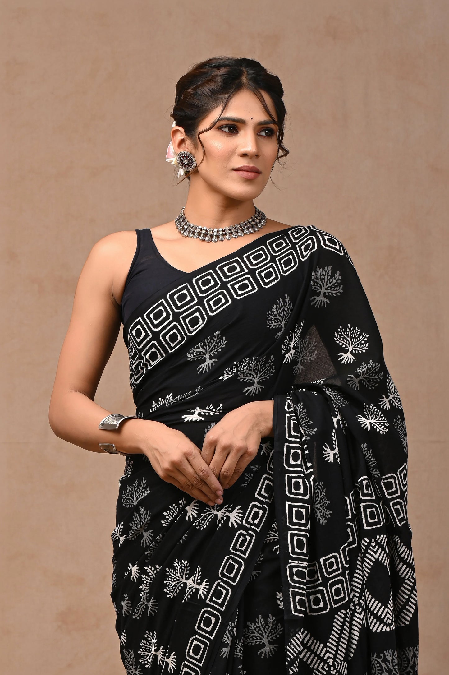 Black & White Block Printed Pure Cotton Mulmul Saree