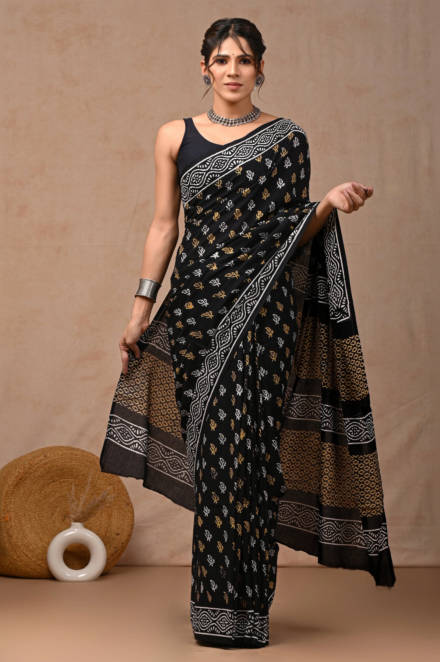 Black & White Block Printed Pure Cotton Mulmul Saree