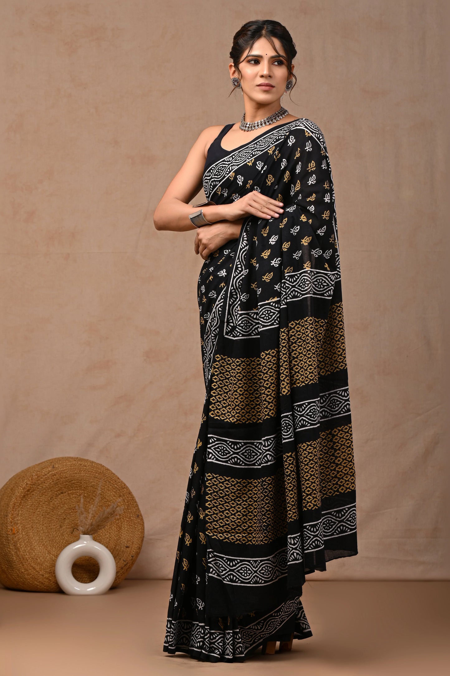 Black & White Block Printed Pure Cotton Mulmul Saree