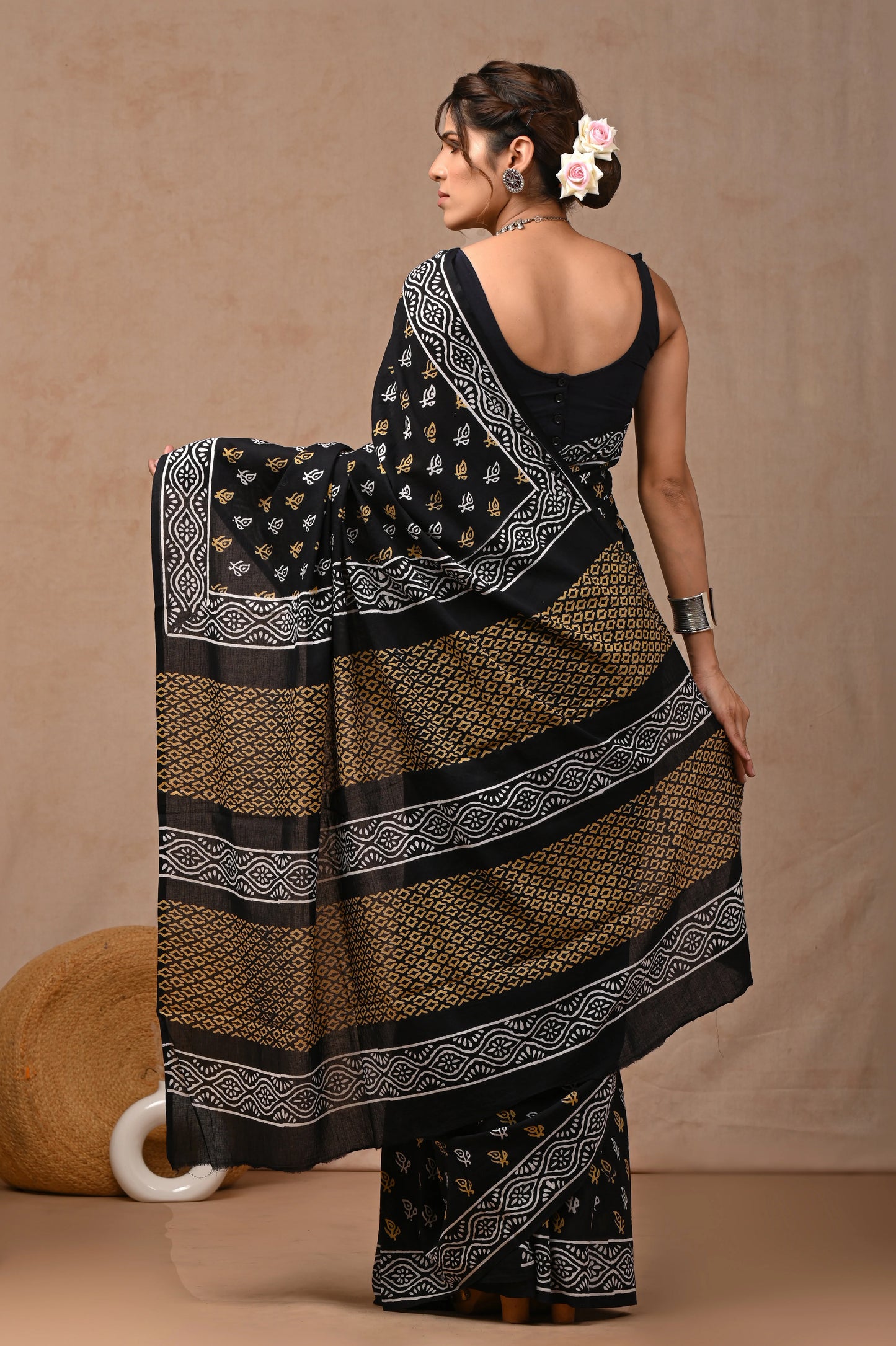 Black & White Block Printed Pure Cotton Mulmul Saree