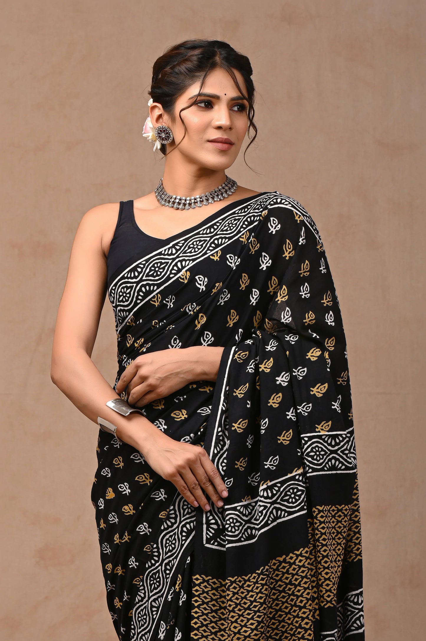 Black & White Block Printed Pure Cotton Mulmul Saree