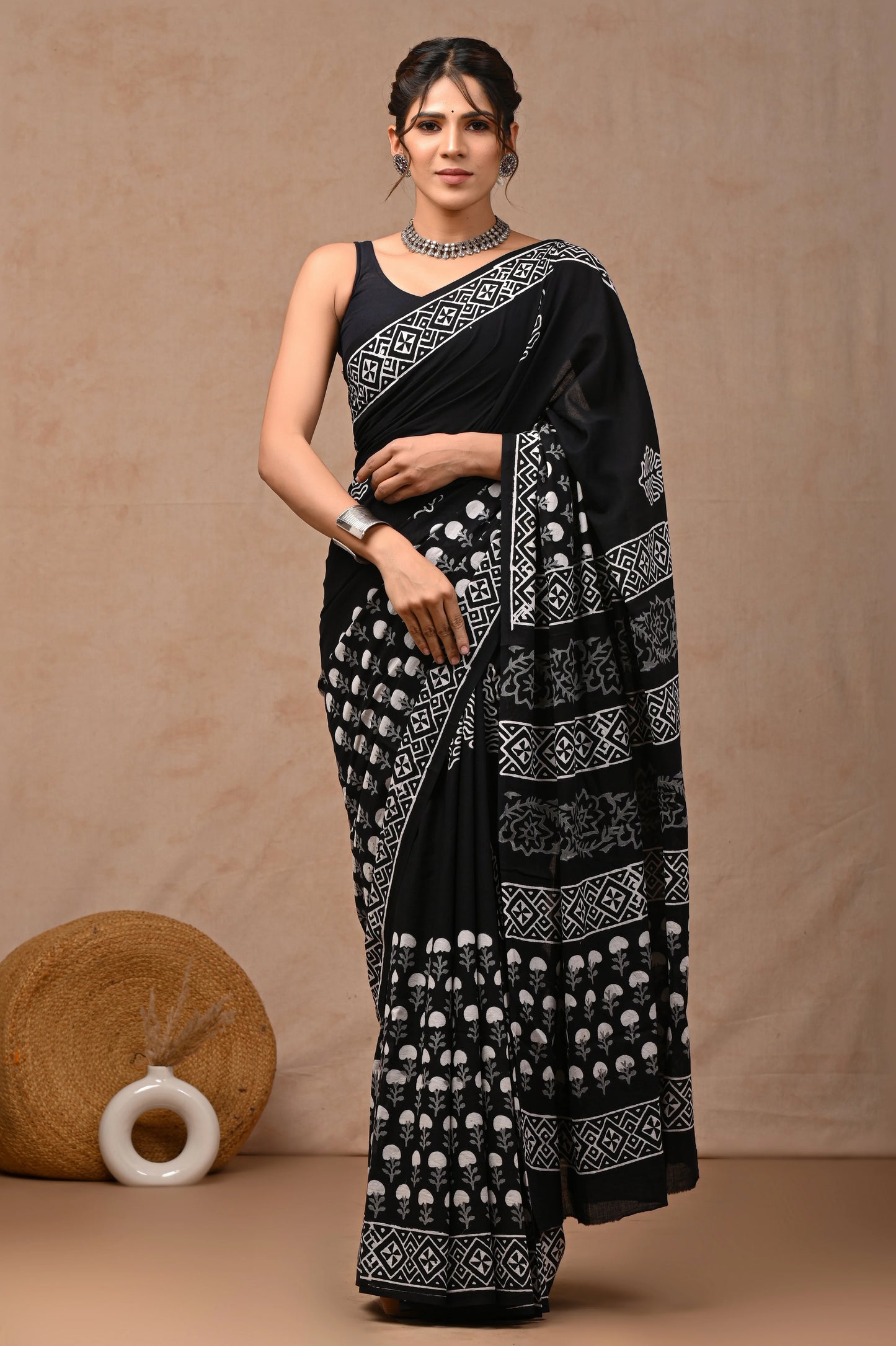 Black & White Block Printed Pure Cotton Mulmul Saree