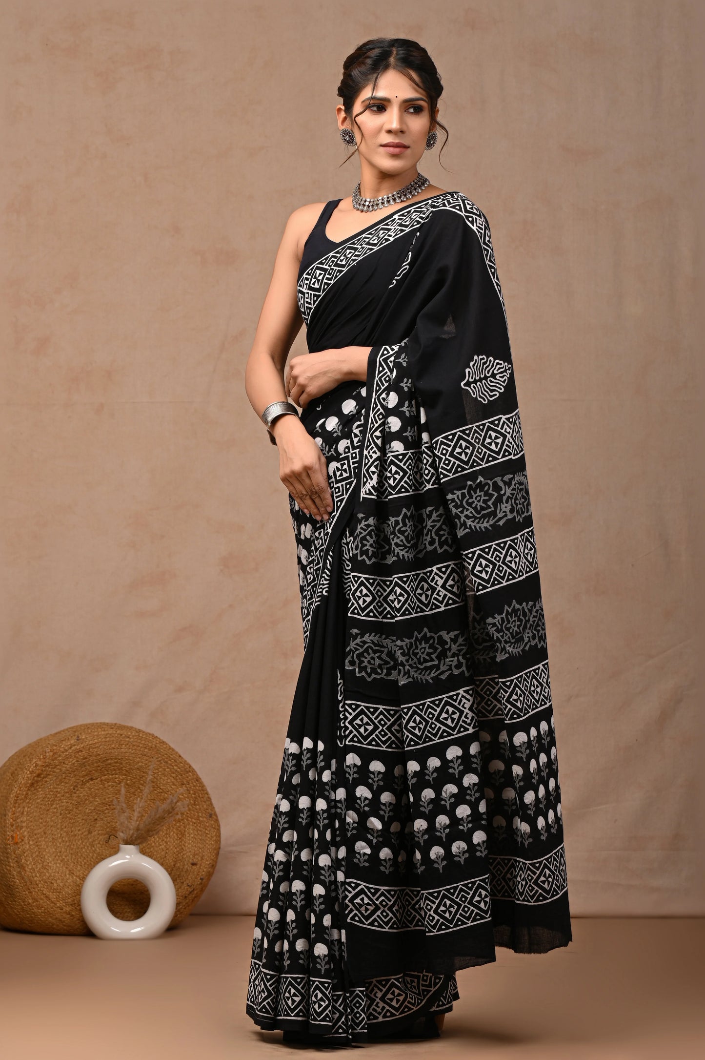 Black & White Block Printed Pure Cotton Mulmul Saree