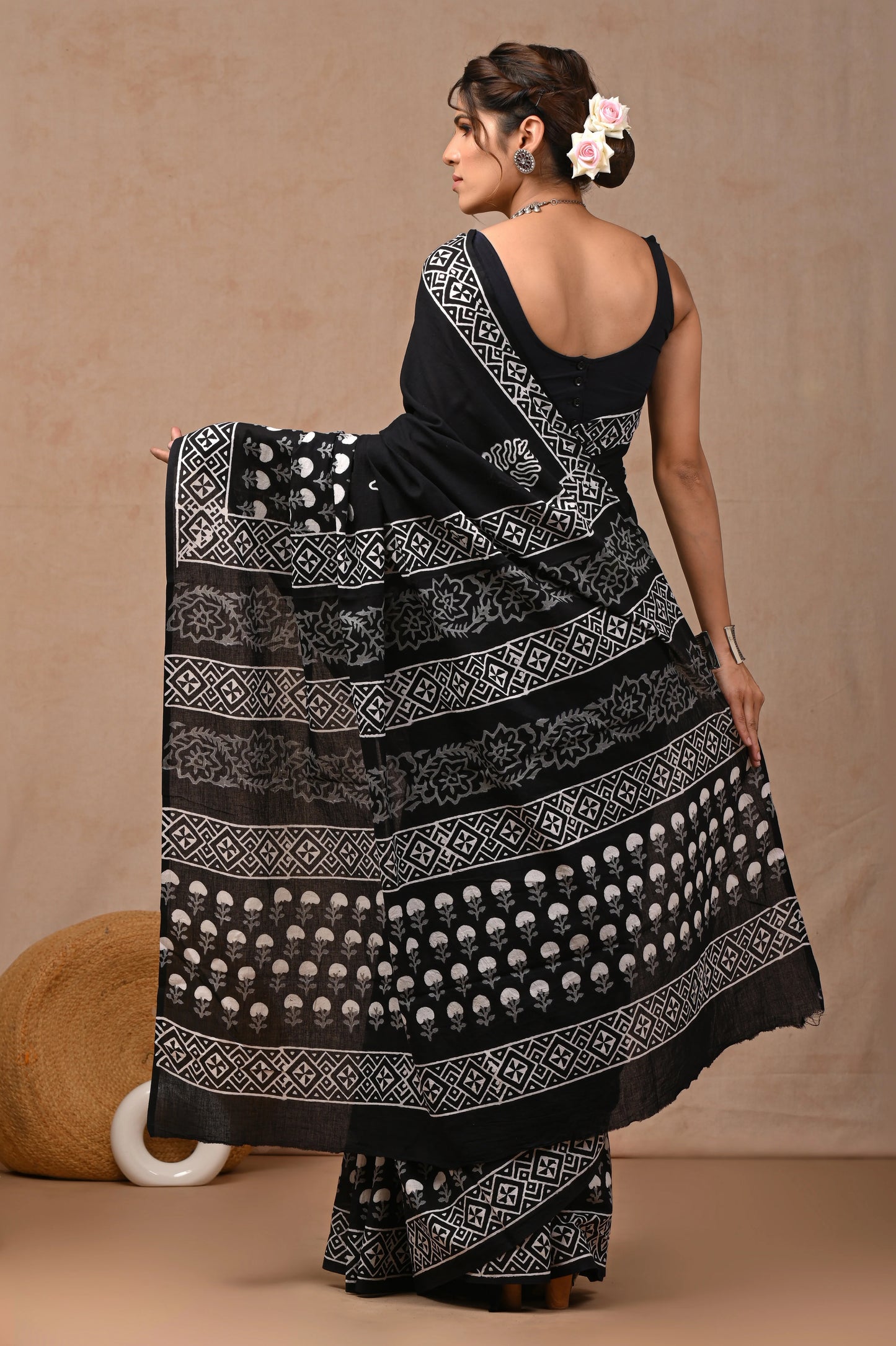 Black & White Block Printed Pure Cotton Mulmul Saree