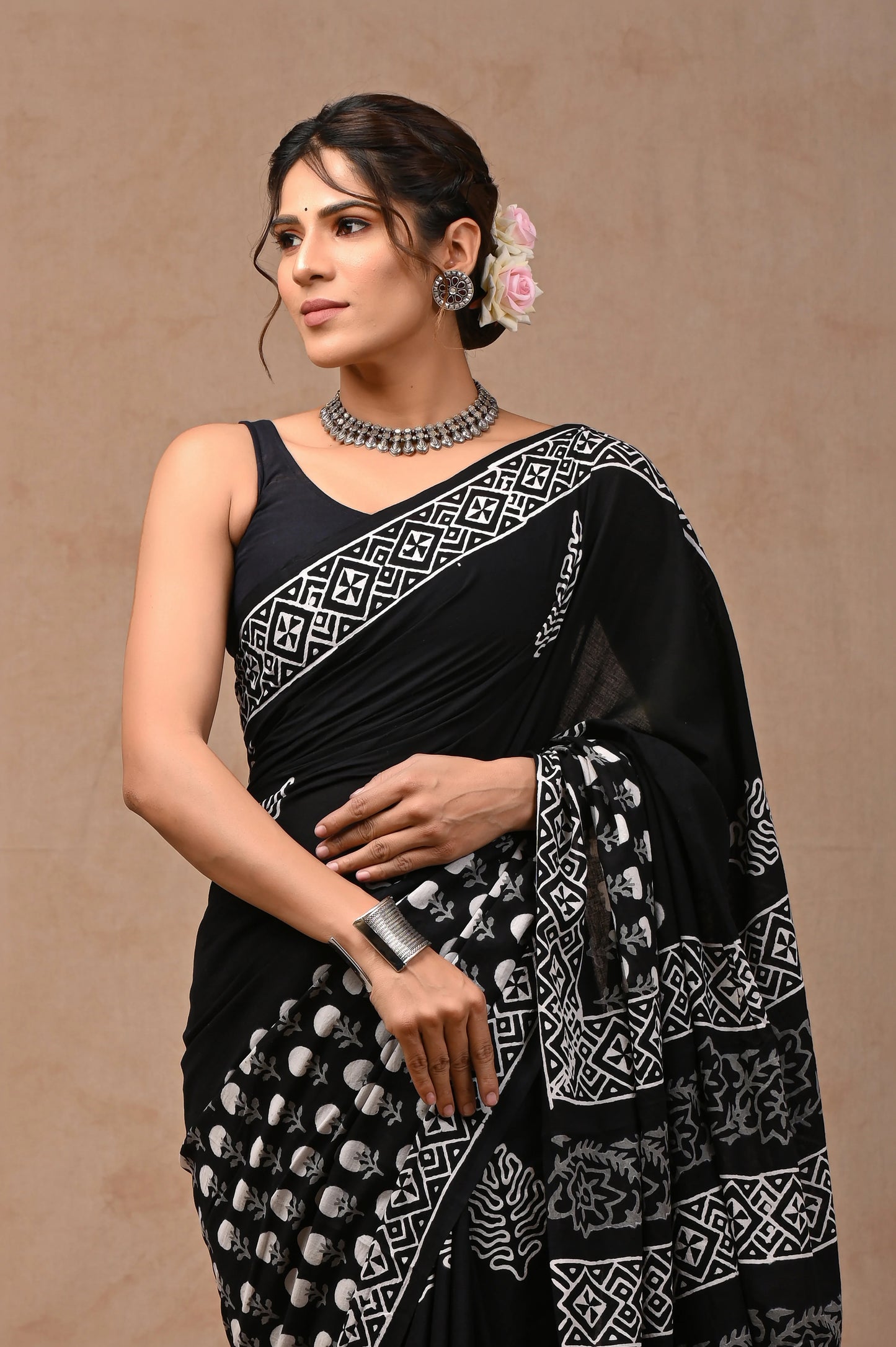 Black & White Block Printed Pure Cotton Mulmul Saree