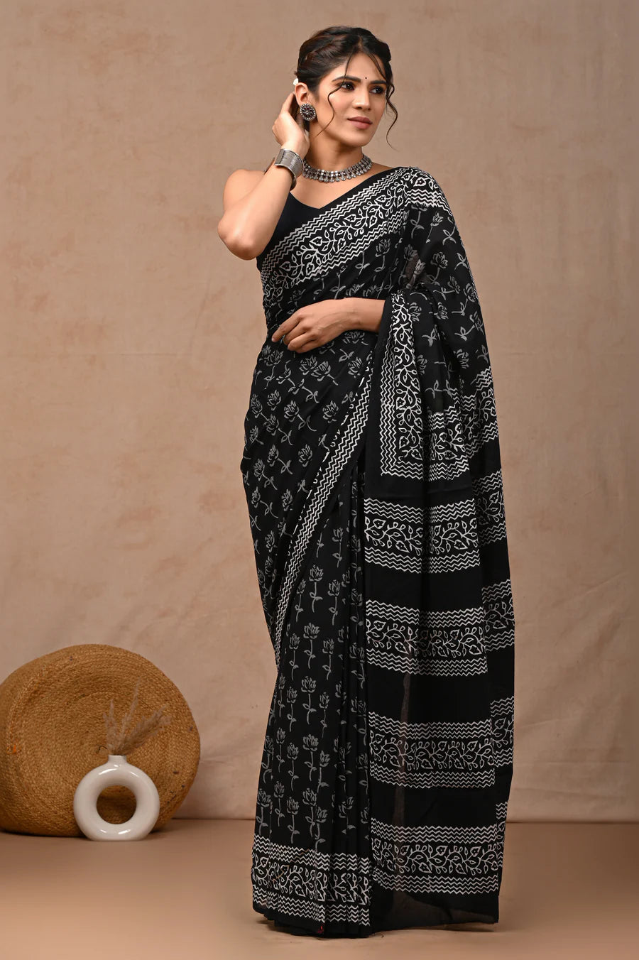 Black & White Block Printed Pure Cotton Mulmul Saree