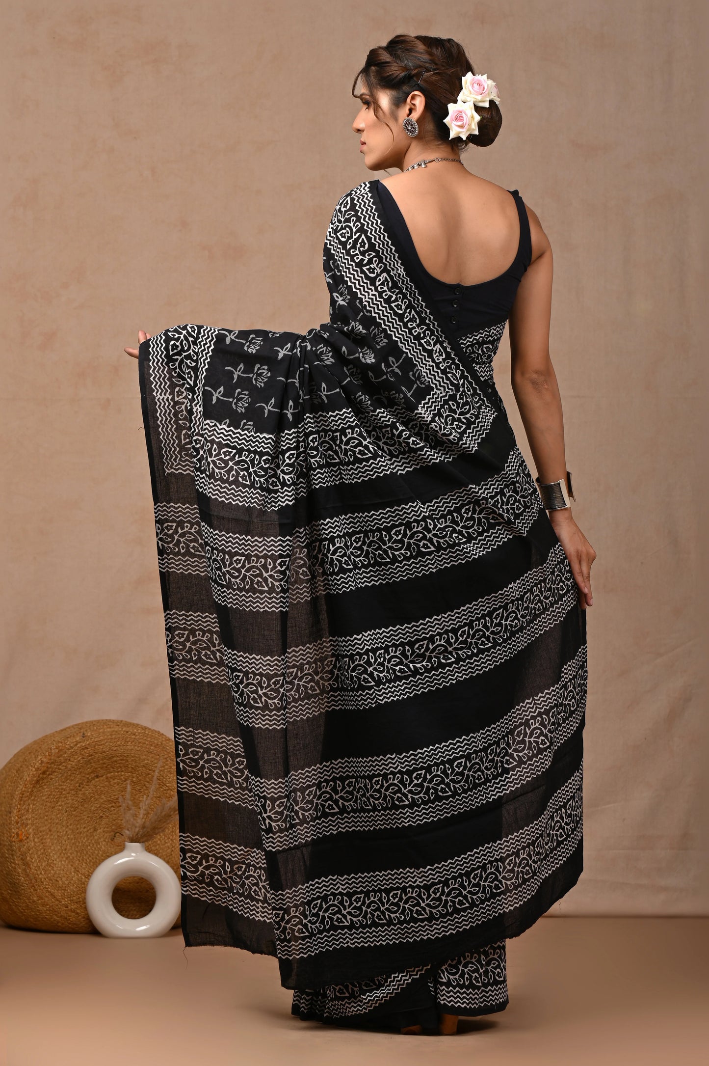 Black & White Block Printed Pure Cotton Mulmul Saree