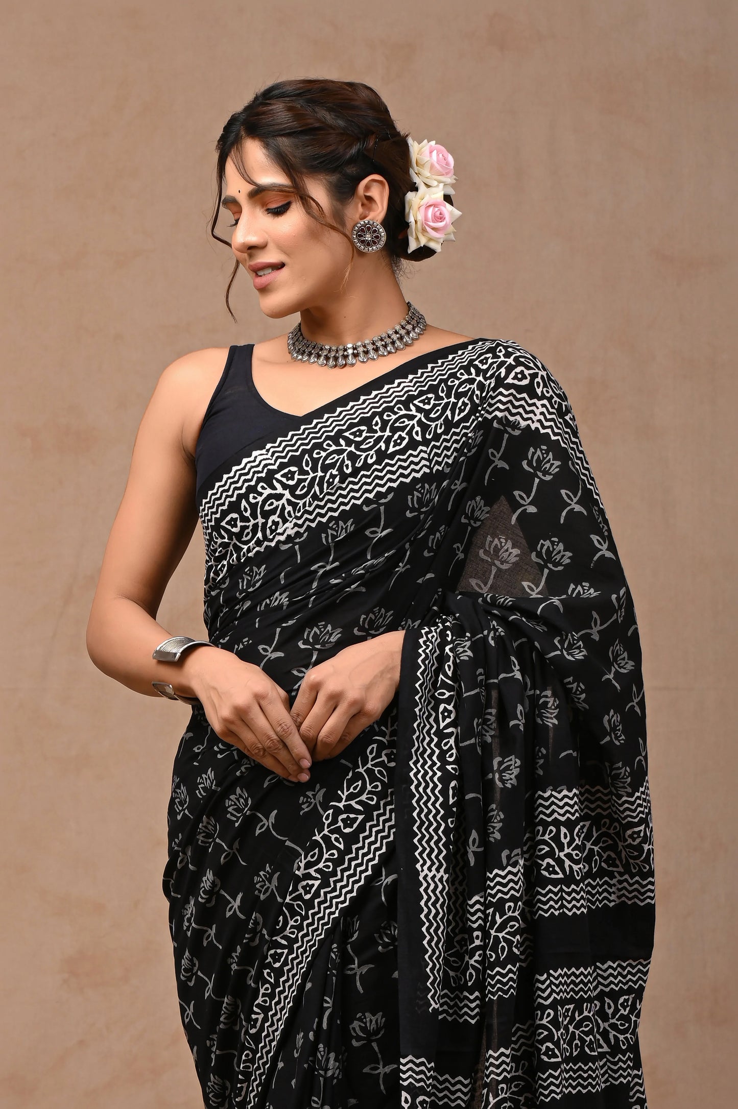 Black & White Block Printed Pure Cotton Mulmul Saree