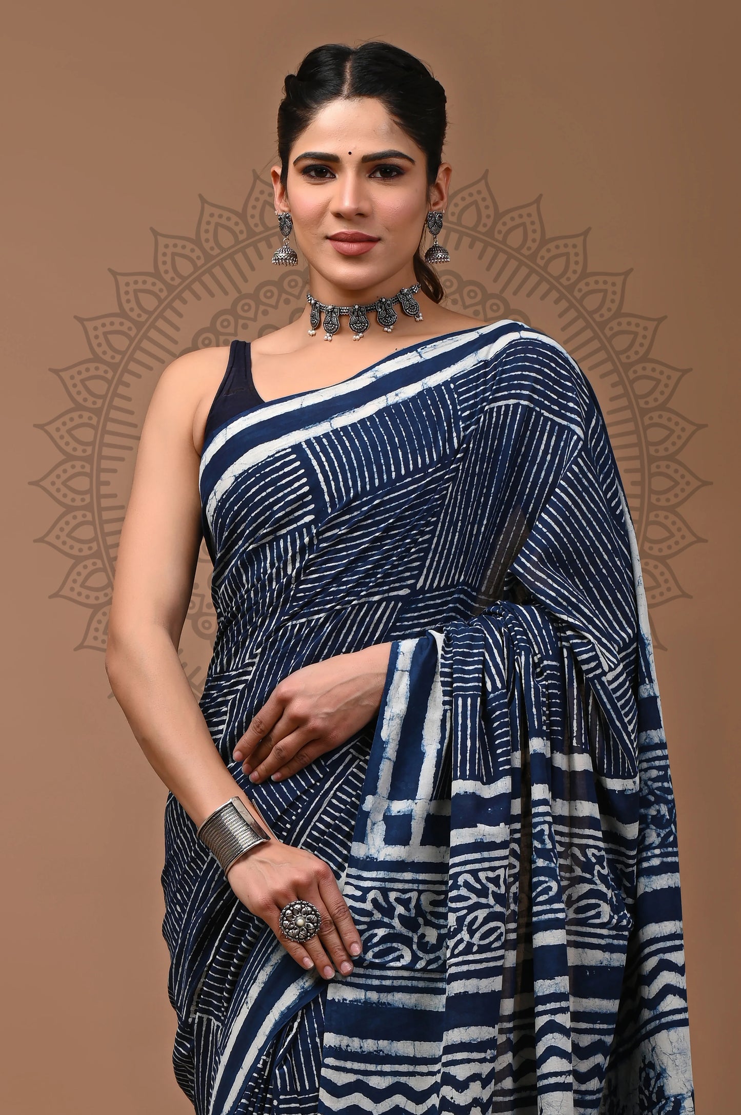 Indigo Dabu Block Printed Cotton Saree With Blouse