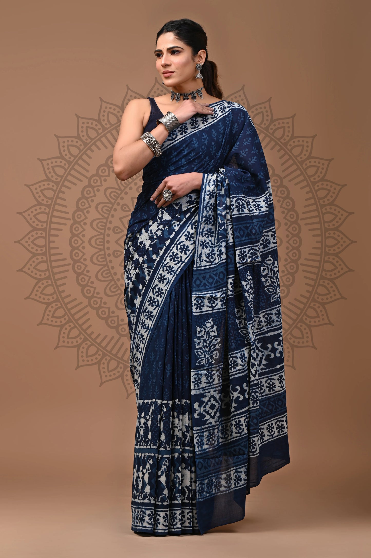 Indigo Dabu Block Printed Cotton Saree With Blouse