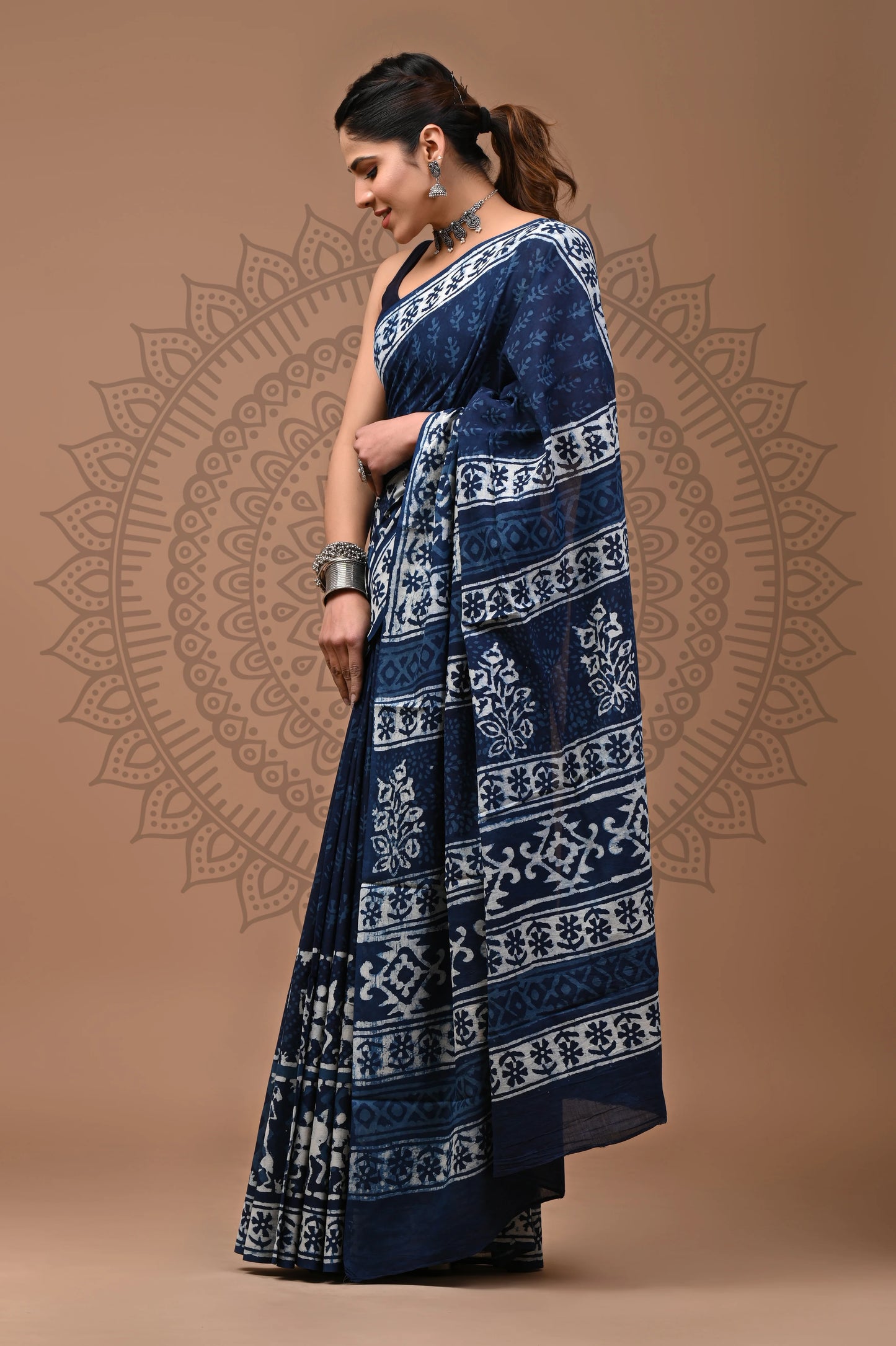 Indigo Dabu Block Printed Cotton Saree With Blouse