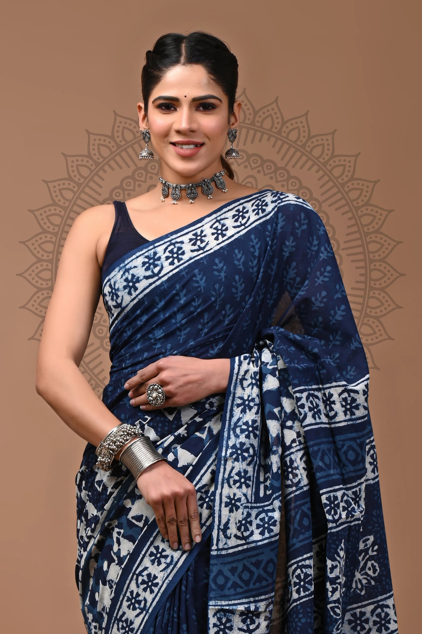 Indigo Dabu Block Printed Cotton Saree With Blouse