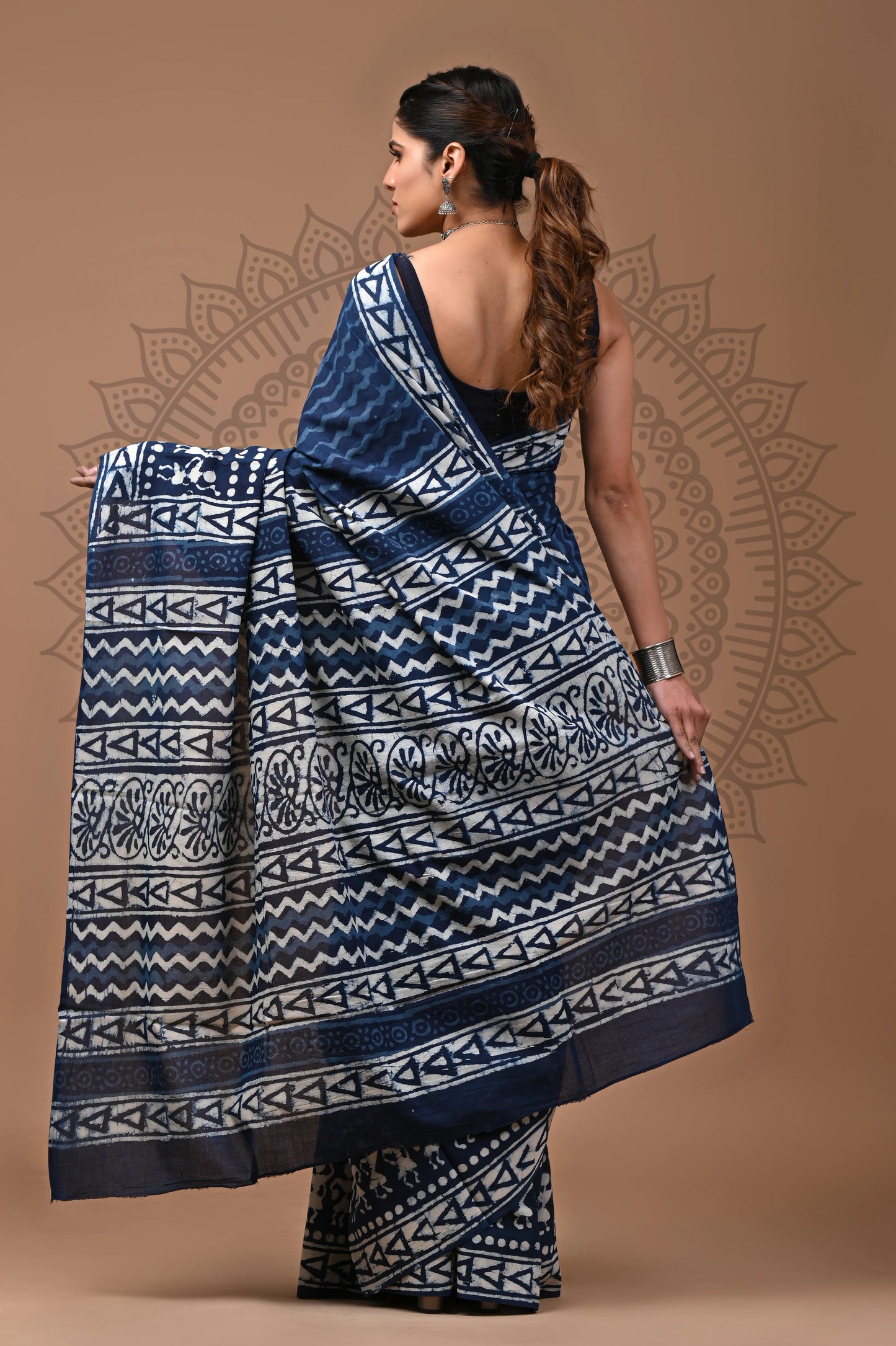 Indigo Dabu Block Printed Cotton Saree With Blouse