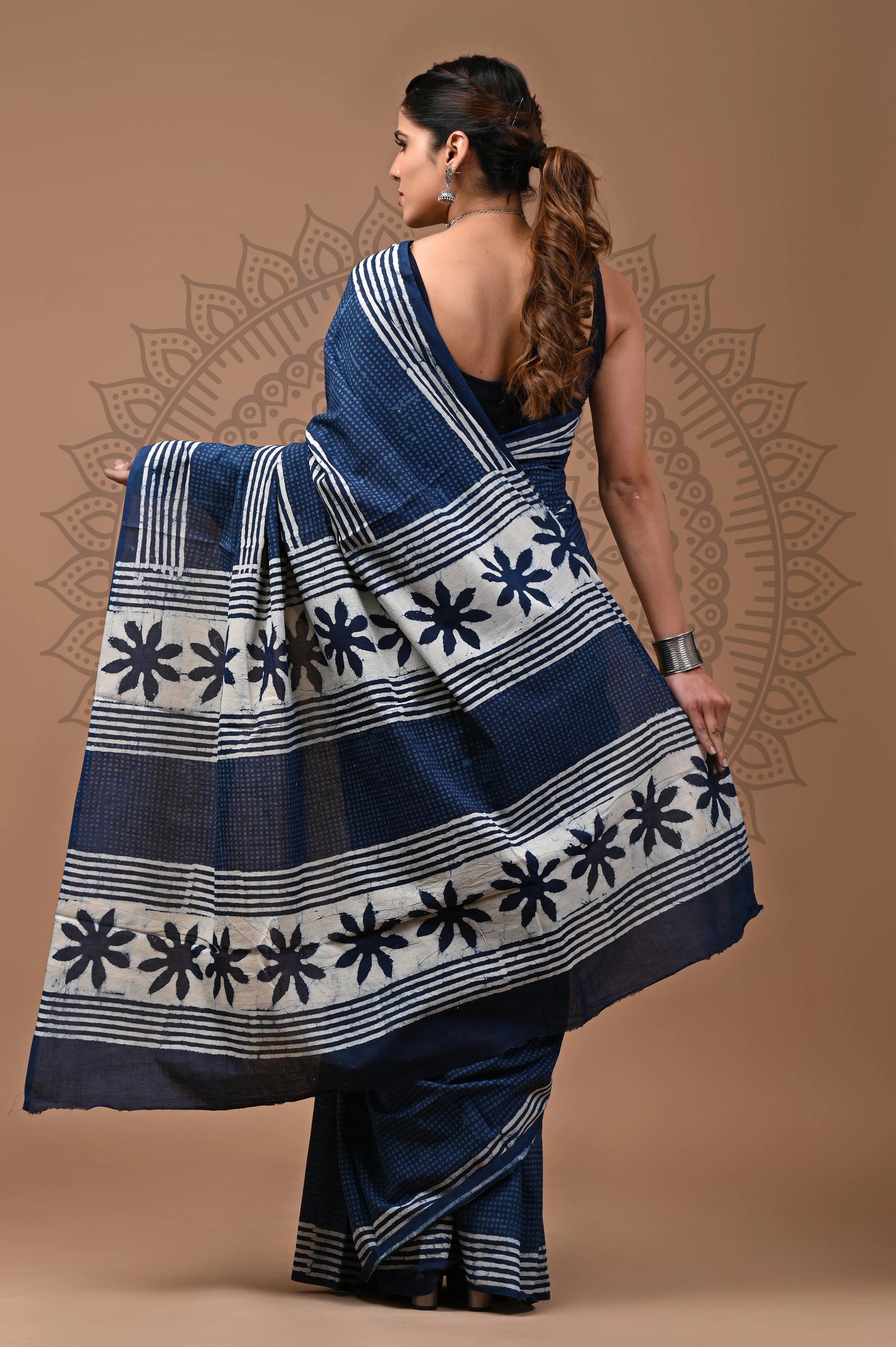 Indigo Dabu Block Printed Cotton Saree With Blouse