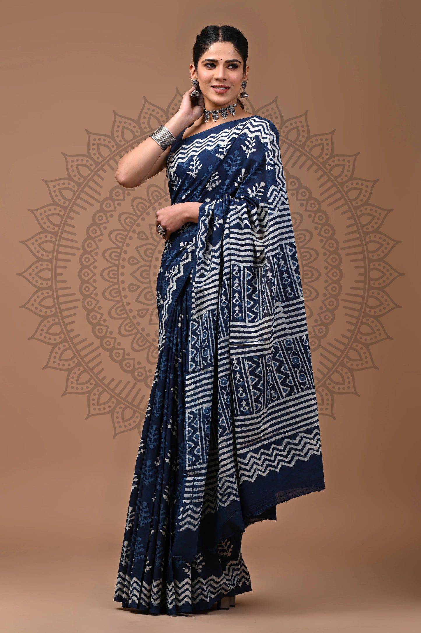 Indigo Dabu Block Printed Cotton Saree With Blouse