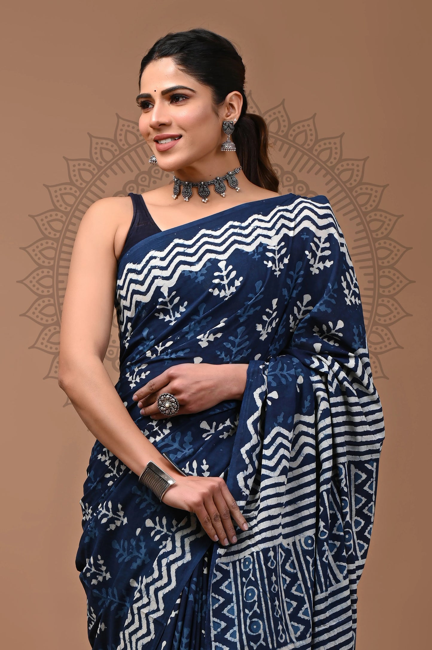 Indigo Dabu Block Printed Cotton Saree With Blouse