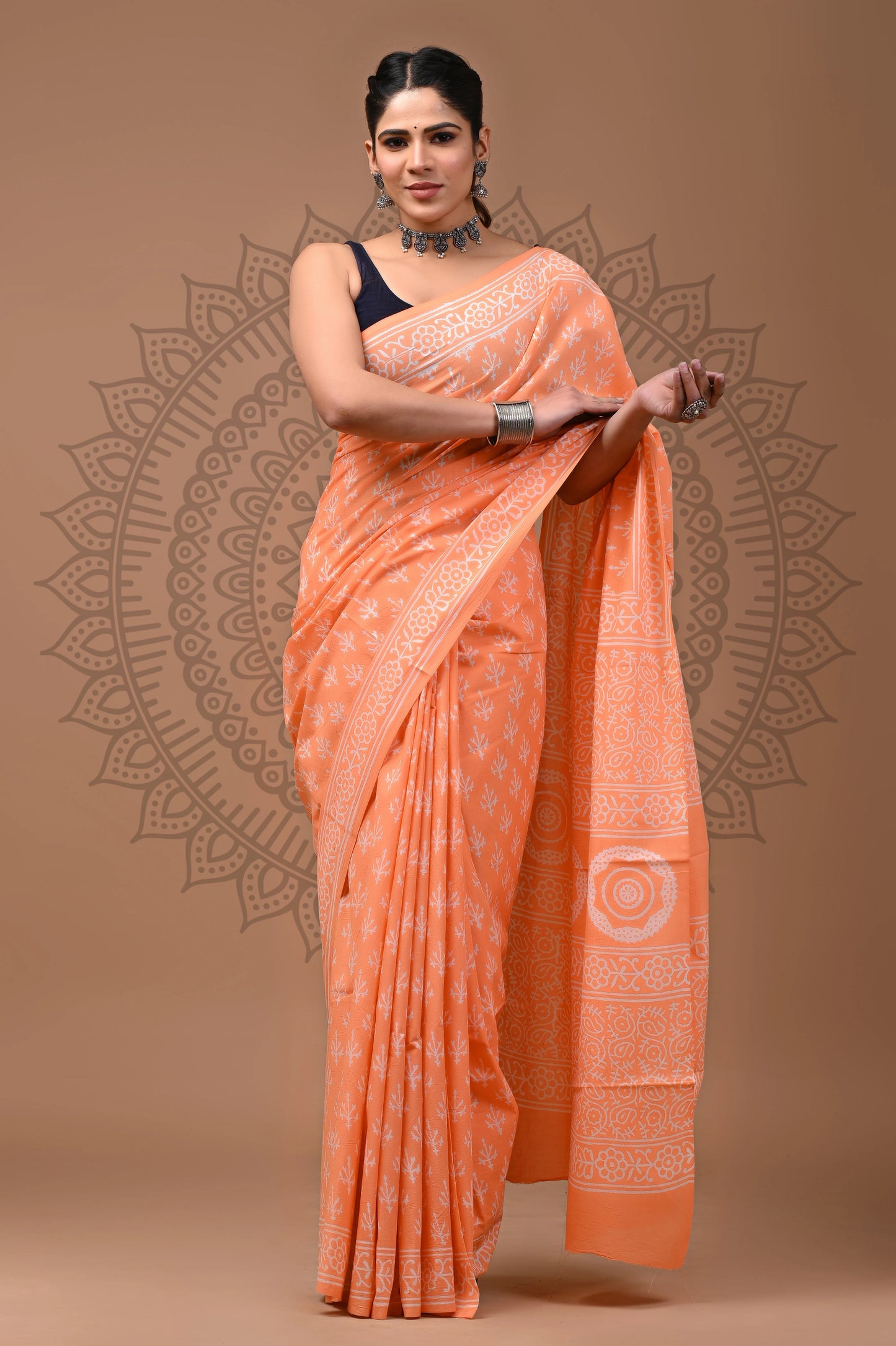 Jaipuri Block Printed Cotton Saree With Blouse