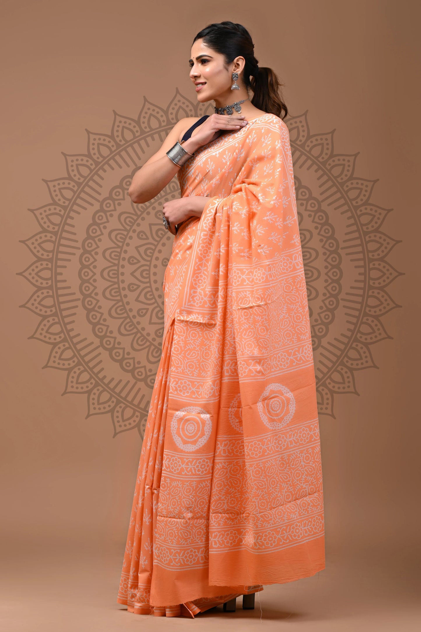 Jaipuri Block Printed Cotton Saree With Blouse