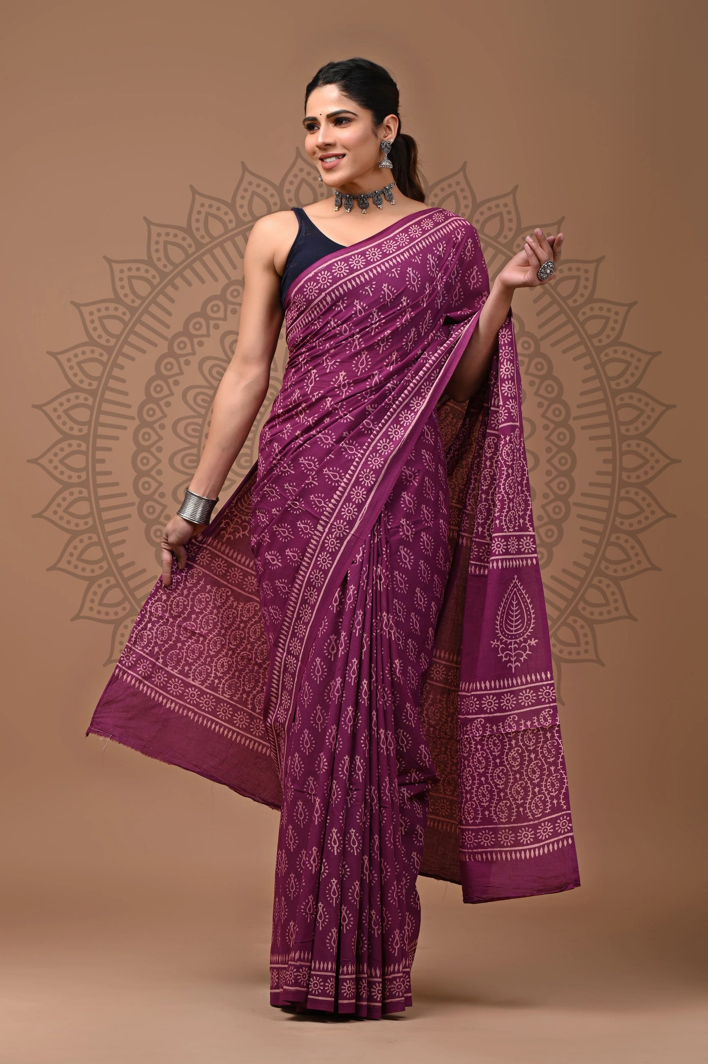 Jaipuri Block Printed Cotton Saree With Blouse