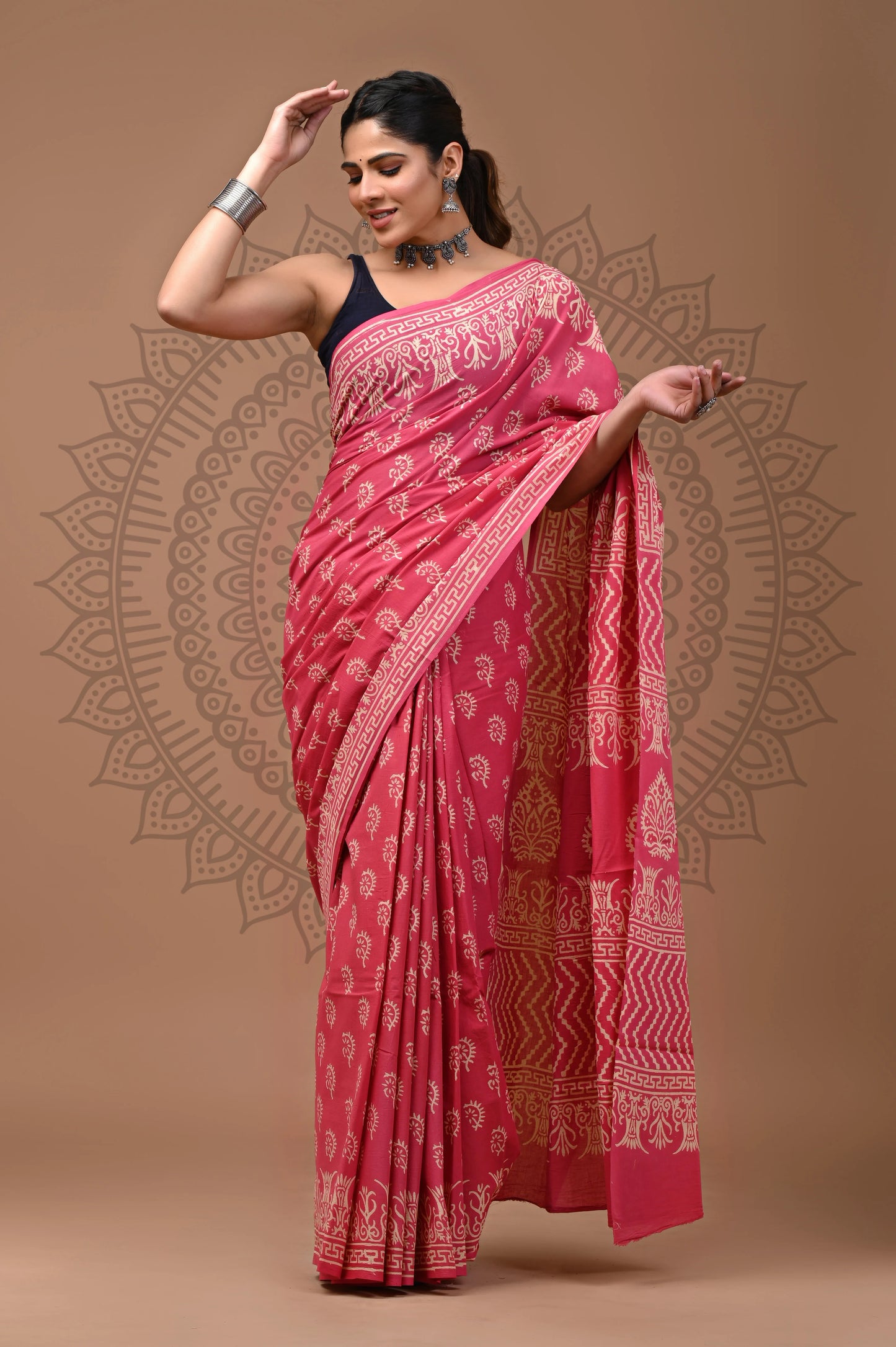 Jaipuri Block Printed Cotton Saree With Blouse