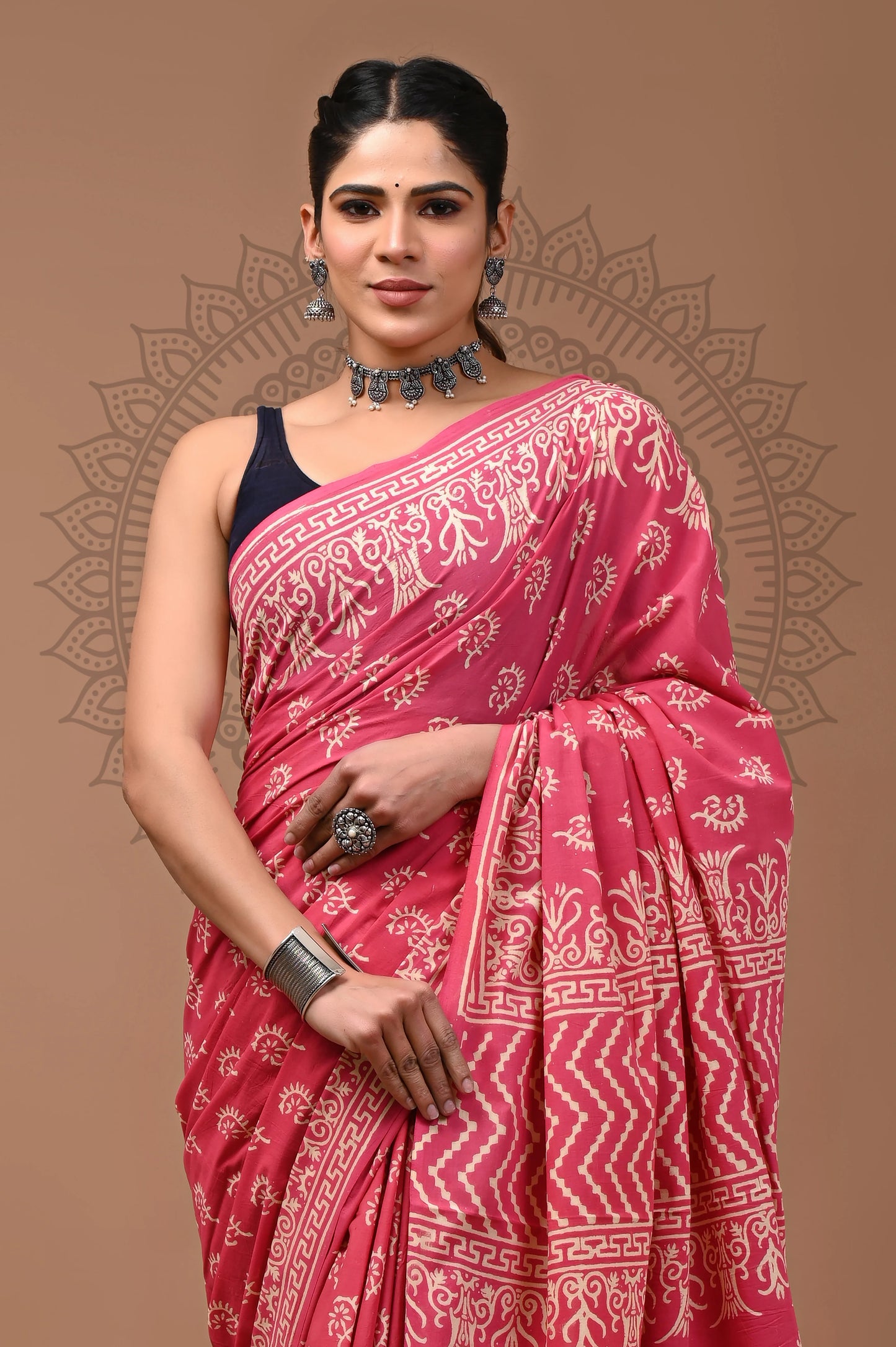 Jaipuri Block Printed Cotton Saree With Blouse