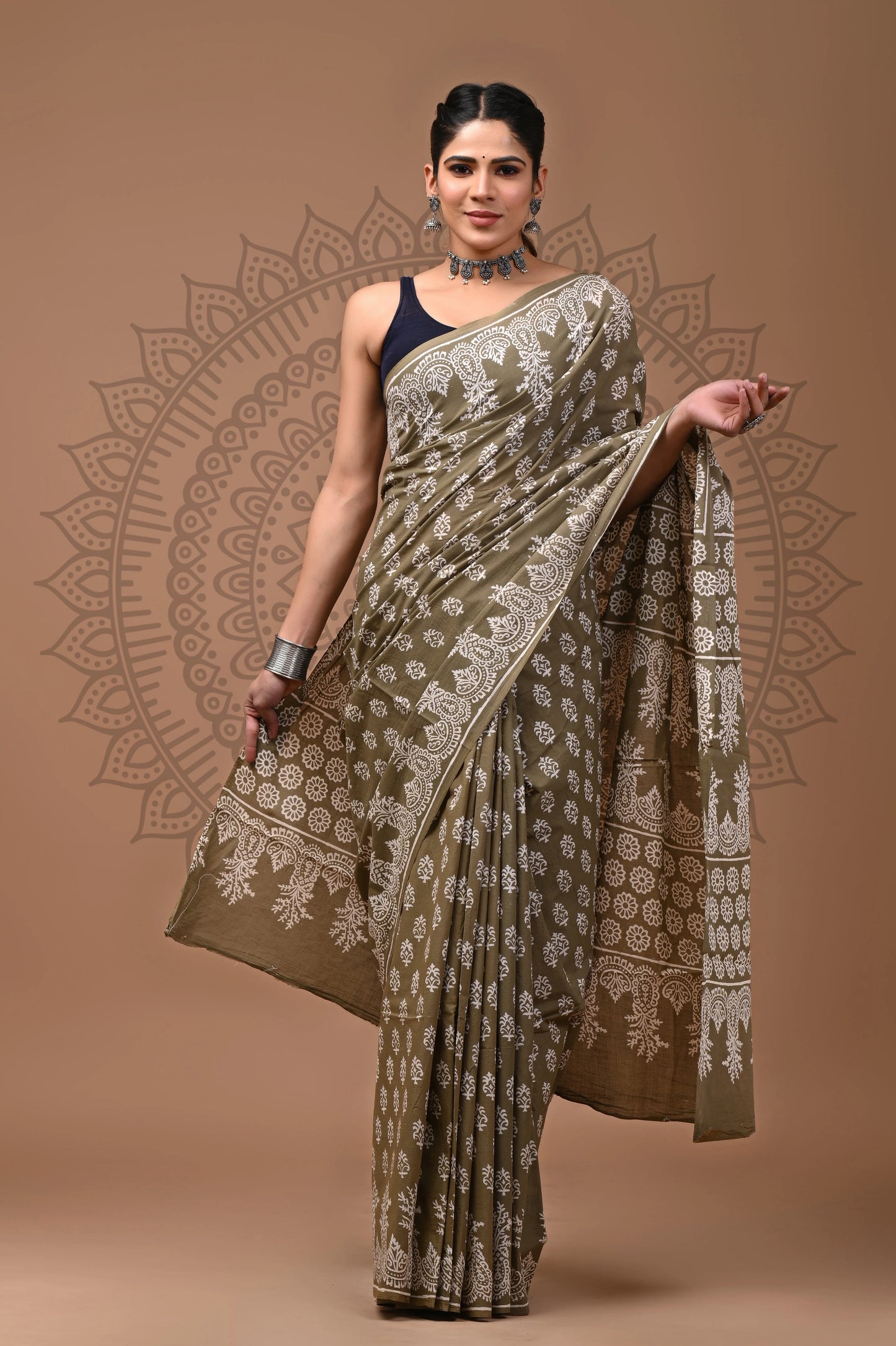 Jaipuri Block Printed Cotton Saree With Blouse