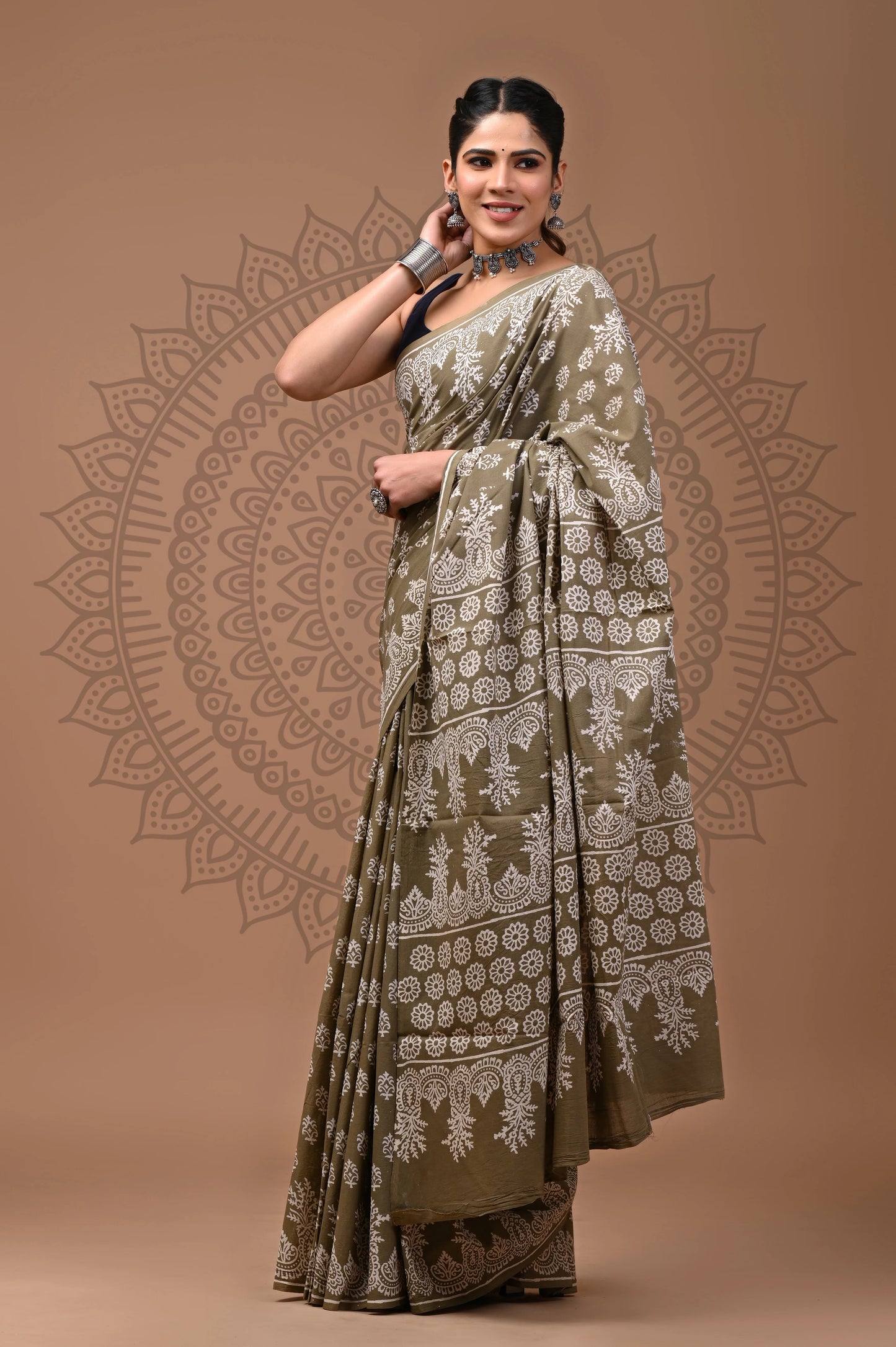 Jaipuri Block Printed Cotton Saree With Blouse