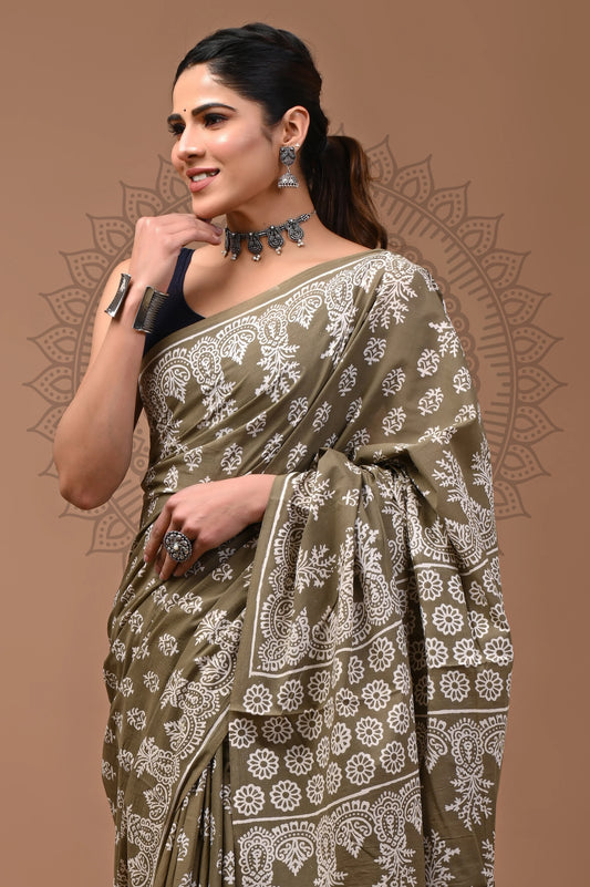 Jaipuri Block Printed Cotton Saree With Blouse