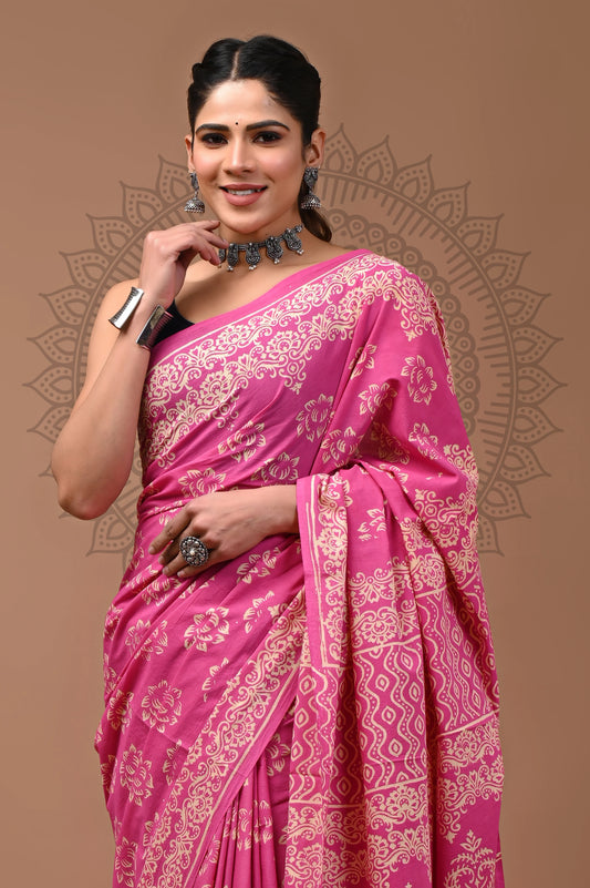 Jaipuri Block Printed Cotton Saree With Blouse