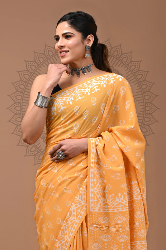 Jaipuri Block Printed Cotton Saree With Blouse