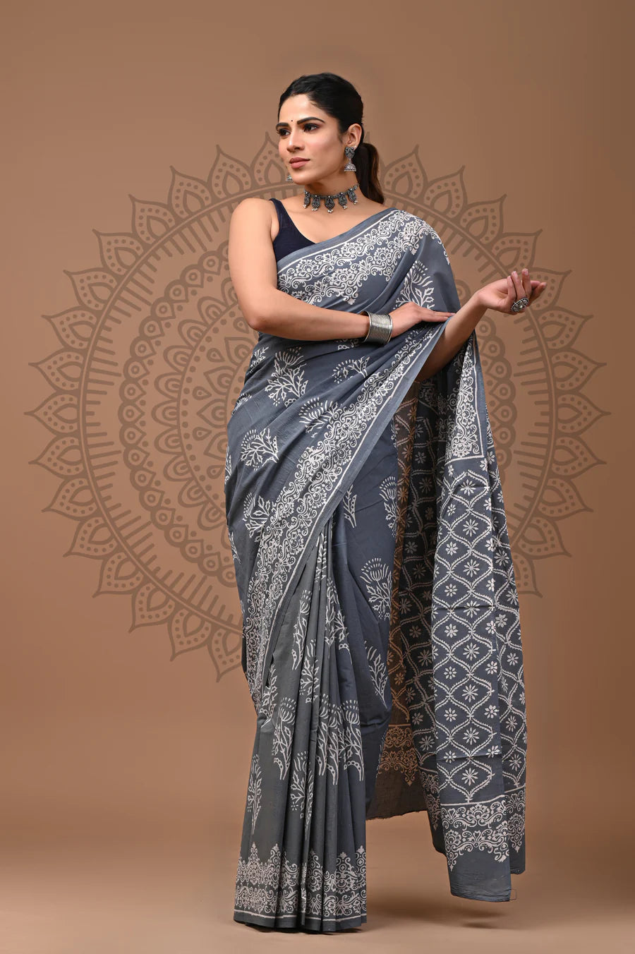 Jaipuri Block Printed Cotton Saree With Blouse