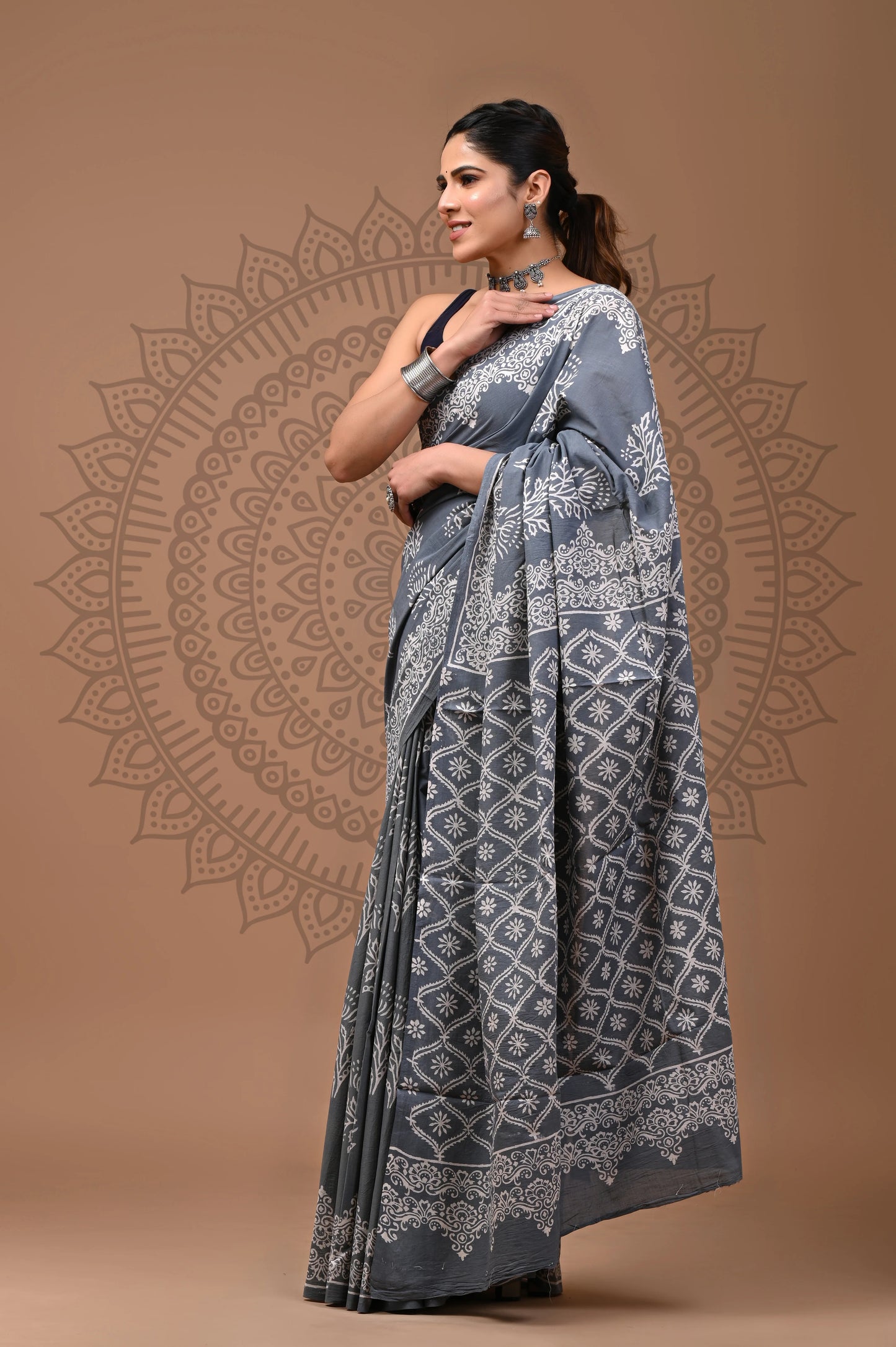 Jaipuri Block Printed Cotton Saree With Blouse