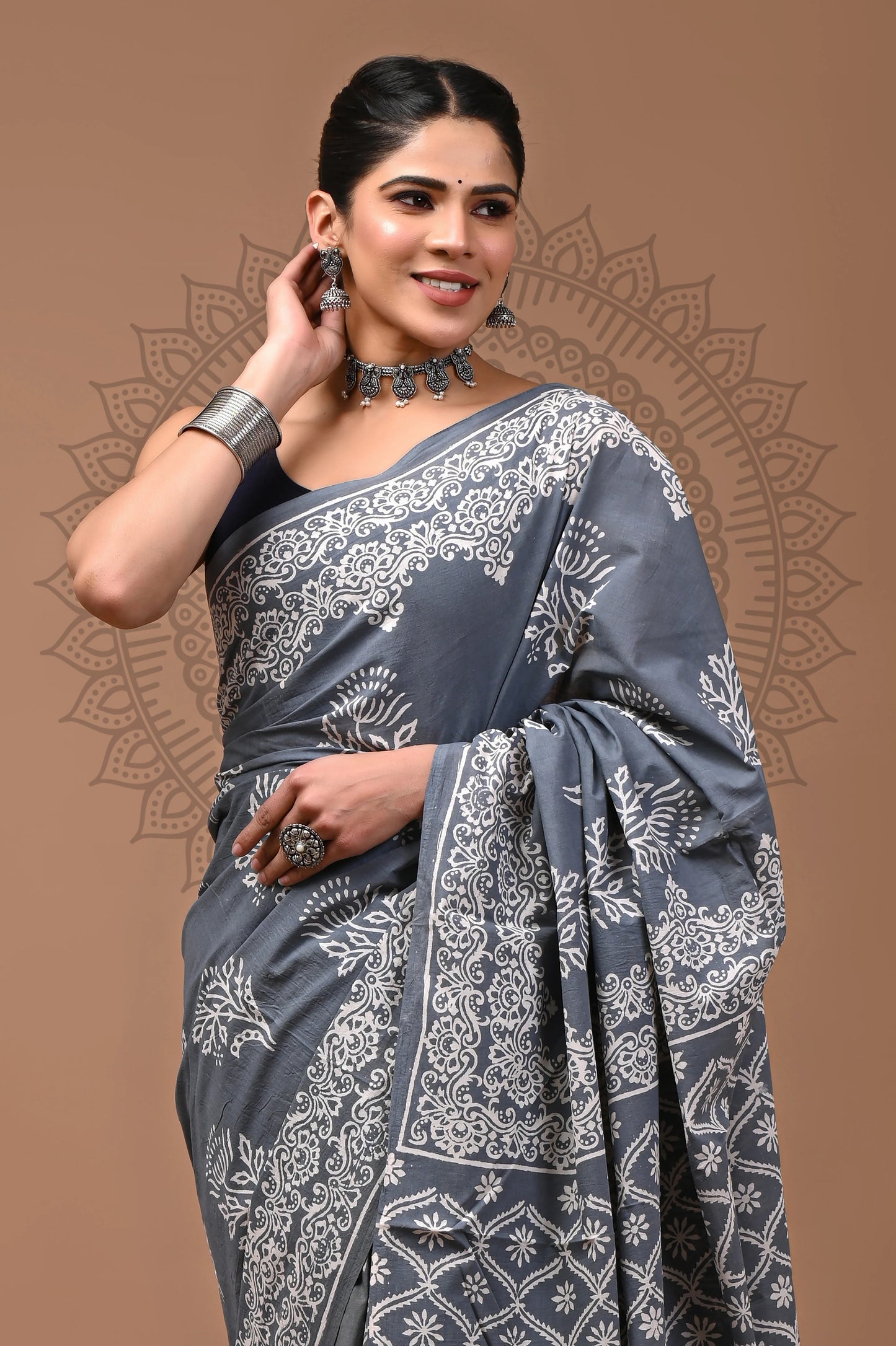 Jaipuri Block Printed Cotton Saree With Blouse