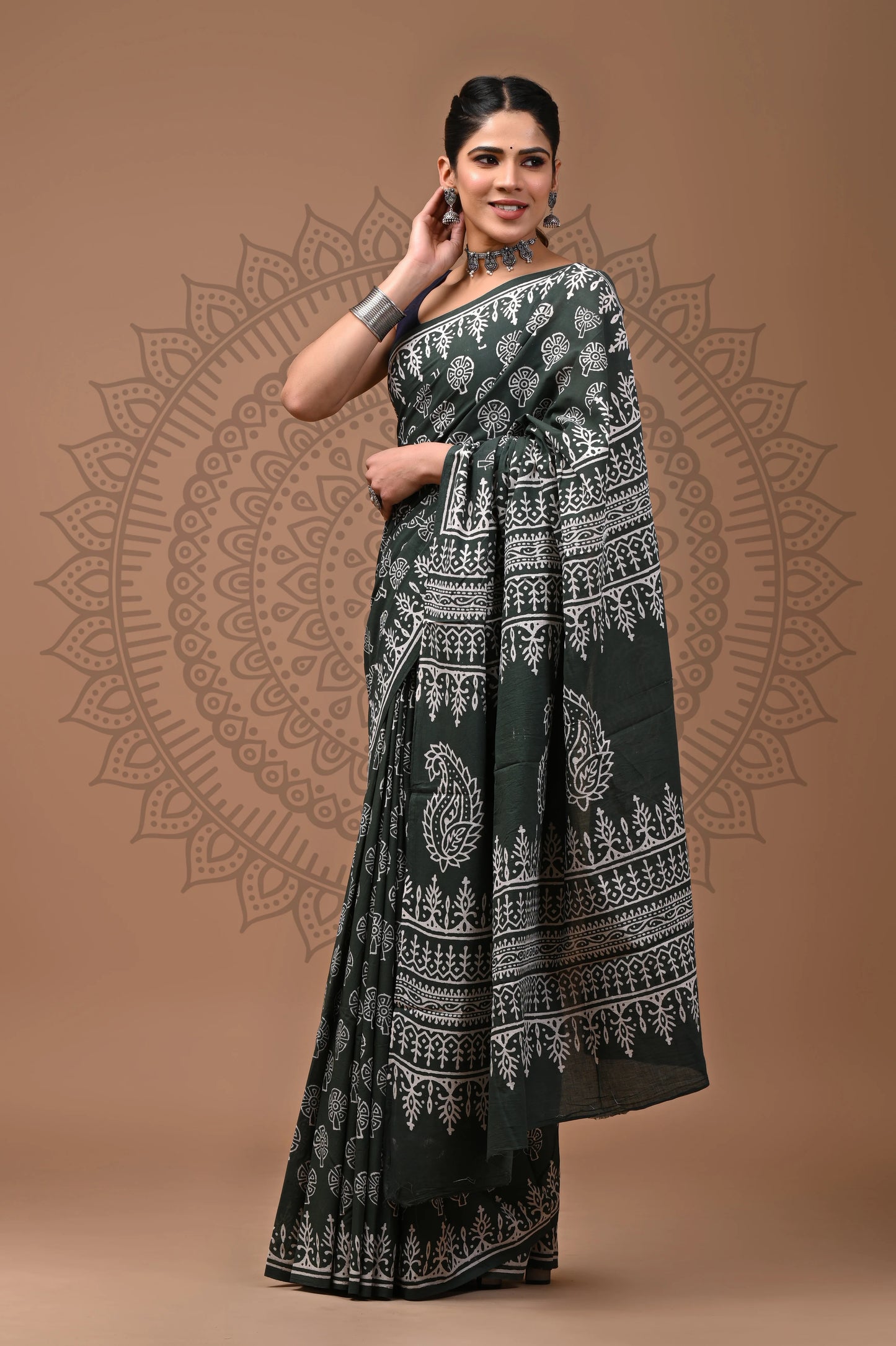 Jaipuri Block Printed Cotton Saree With Blouse