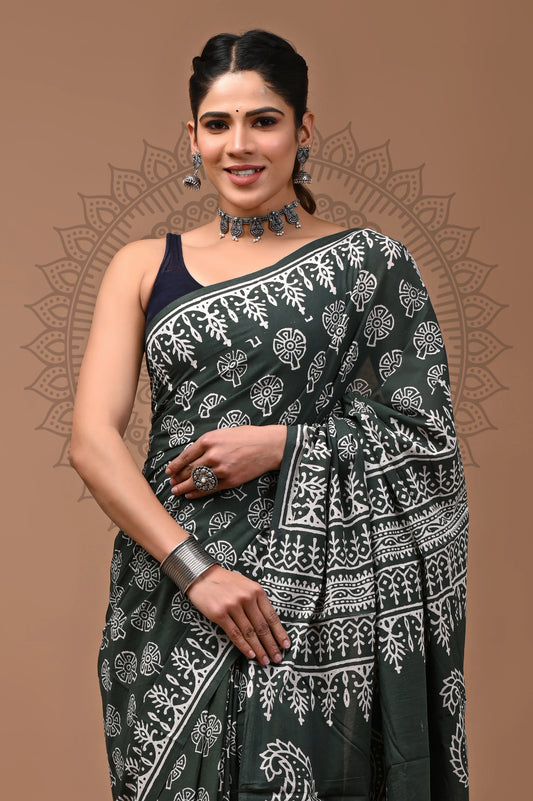 Jaipuri Block Printed Cotton Saree With Blouse