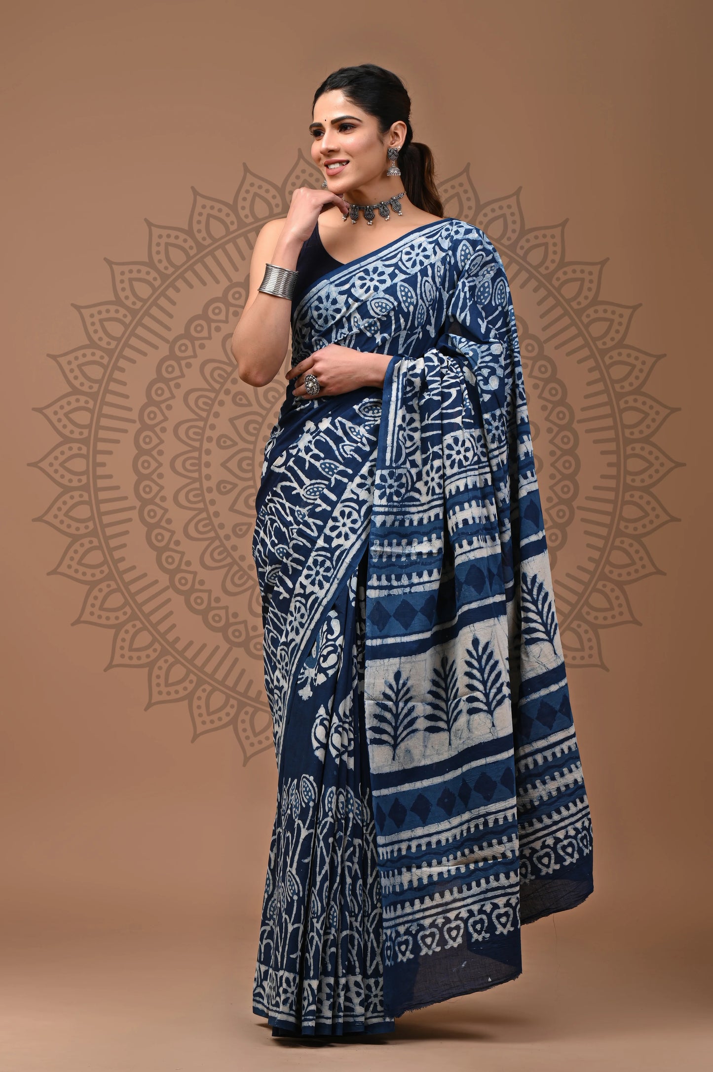 Indigo Dabu Block Printed Cotton Saree With Blouse