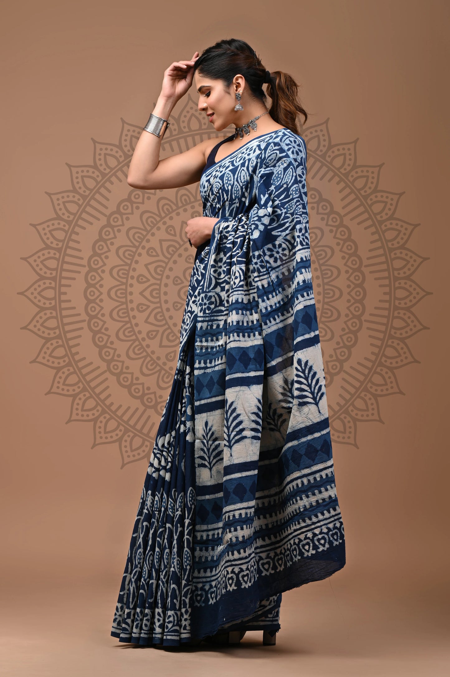 Indigo Dabu Block Printed Cotton Saree With Blouse